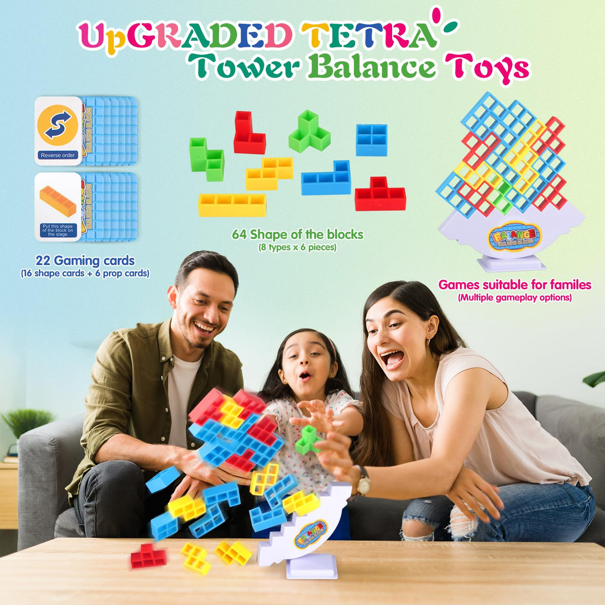 LIMYIOM 64Pcs Tetra Tower Game – Family Balance Stacking Toy for All Ages