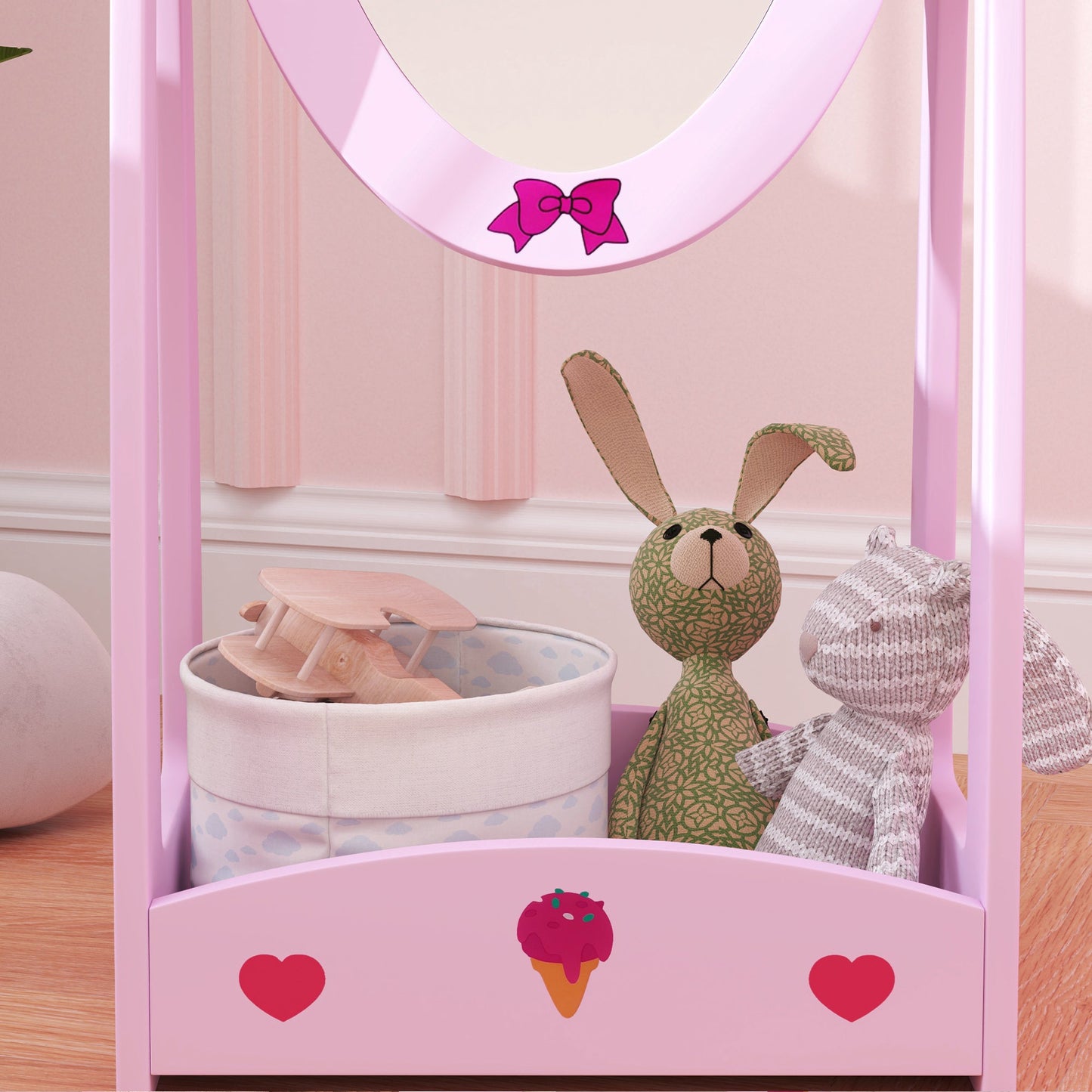AIYAPLAY 360° Rotating Kids Full Length Mirror with Storage Shelf, Hot Pink