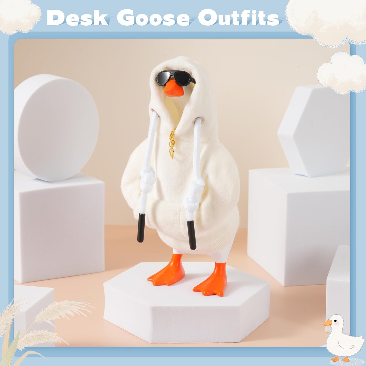 linastu 6-Piece 7-Inch Desk Goose Outfit Set - White Hoodie, Sunglasses & Necklace for Magnetic Goose Statue