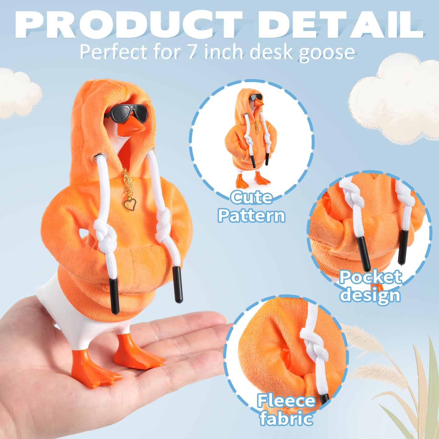 Linastu 7-Inch Desk Goose Outfit: Orange Hoodie, Sunglasses & Gold Necklace