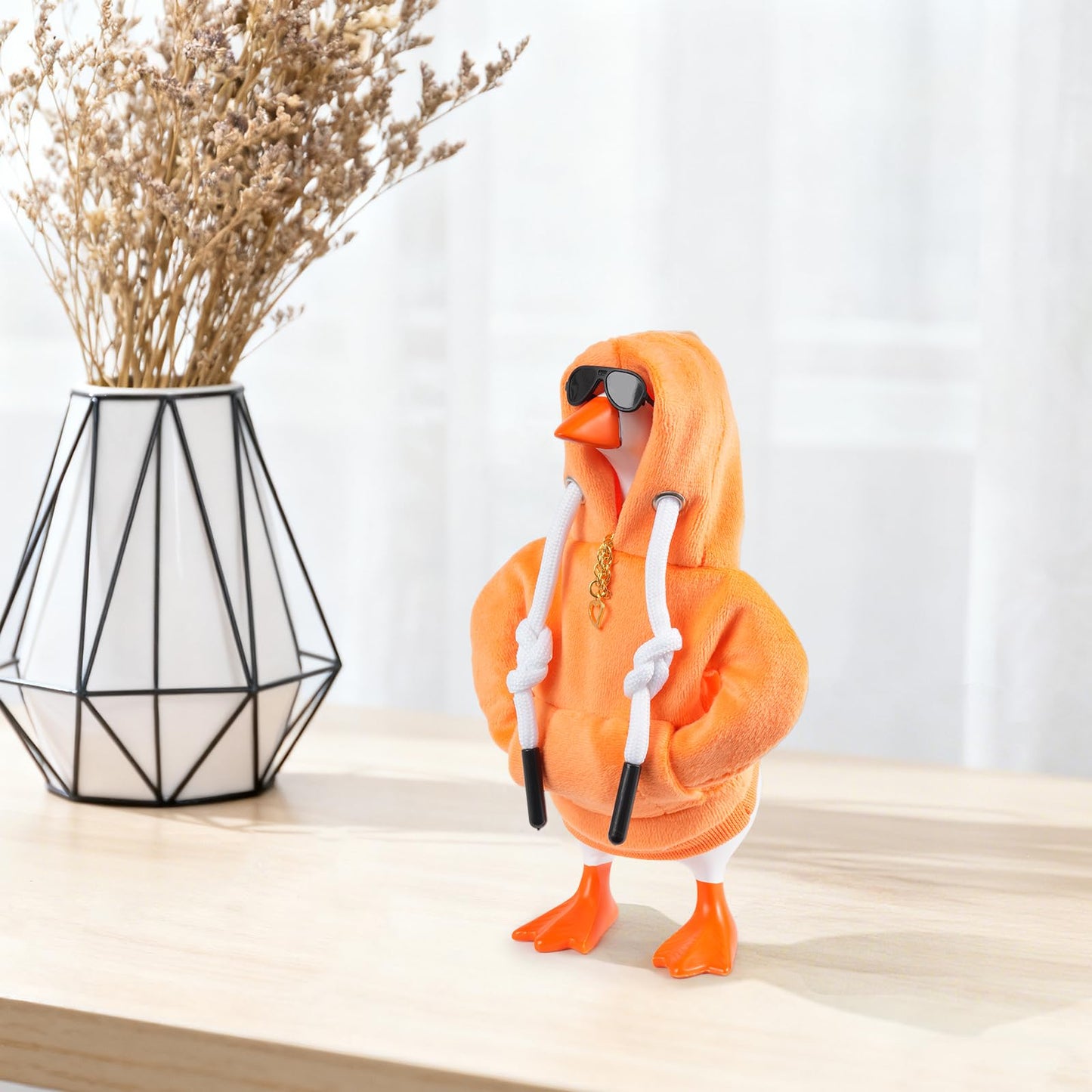 Linastu 7-Inch Desk Goose Outfit: Orange Hoodie, Sunglasses & Gold Necklace