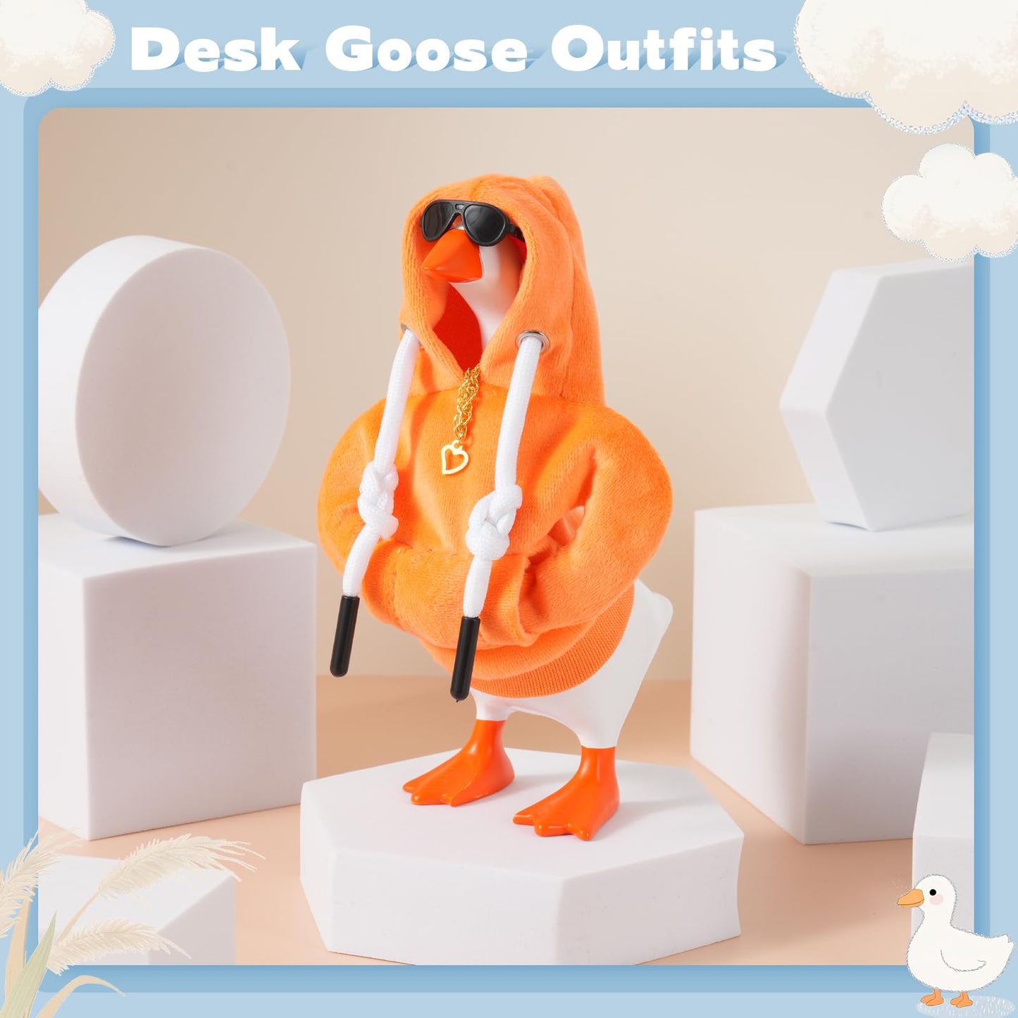 Linastu 7-Inch Desk Goose Outfit: Orange Hoodie, Sunglasses & Gold Necklace