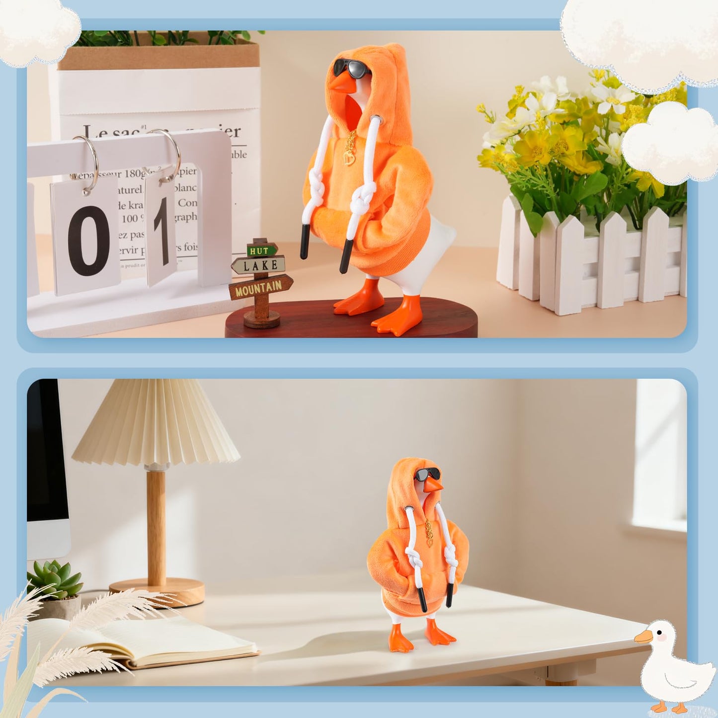 Linastu 7-Inch Desk Goose Outfit: Orange Hoodie, Sunglasses & Gold Necklace