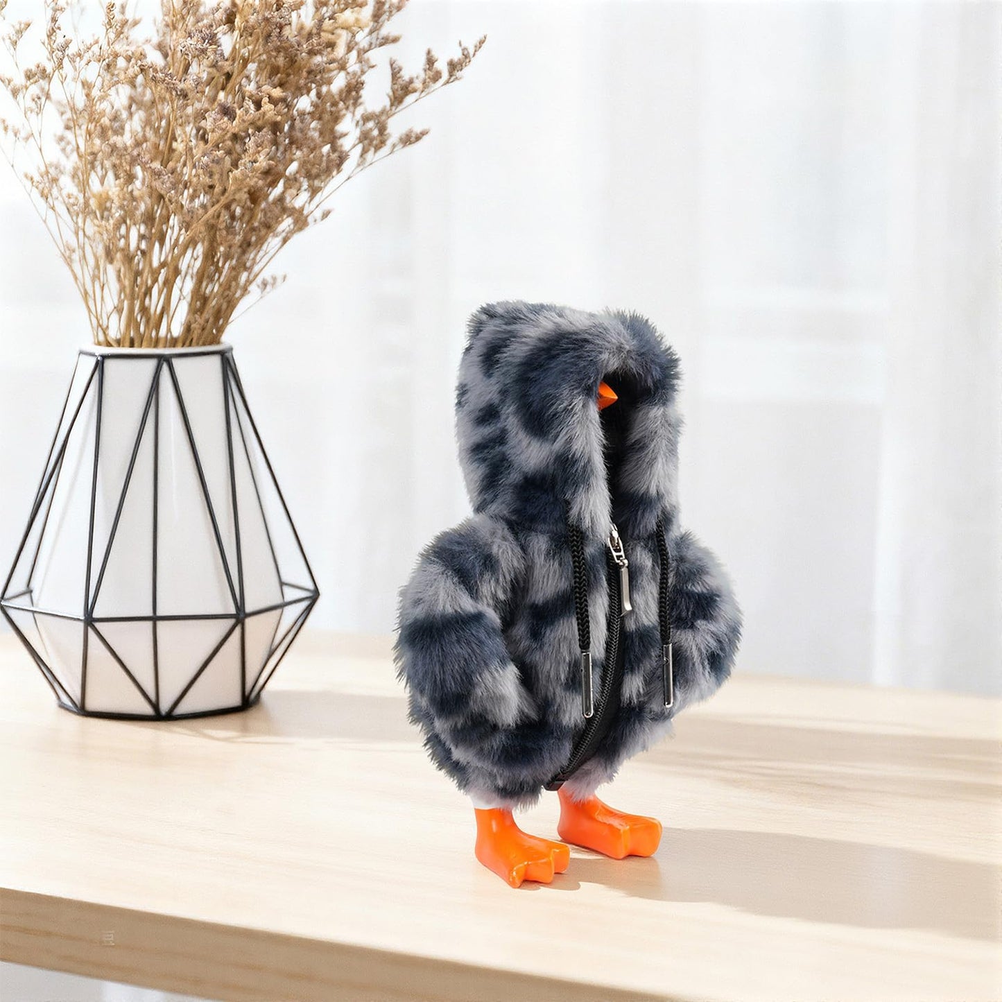 linastu 7-inch Desk Goose Hoodie: Grey Leopard Plush Outfit