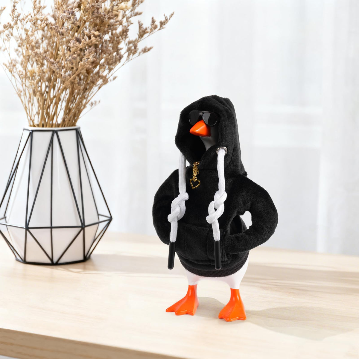 Linastu 6‑Piece 7‑Inch Desk Goose Outfit — Black Hoodie, Sunglasses & Necklace