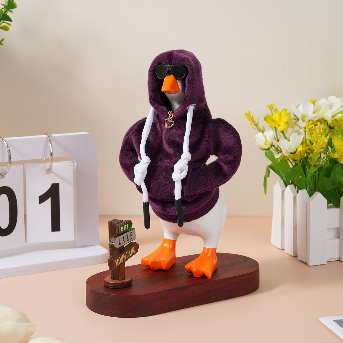 Linastu 6‑Piece Desk Goose Outfit Set for 7-Inch Goose — Purple Hoodie, Sunglasses & Necklace