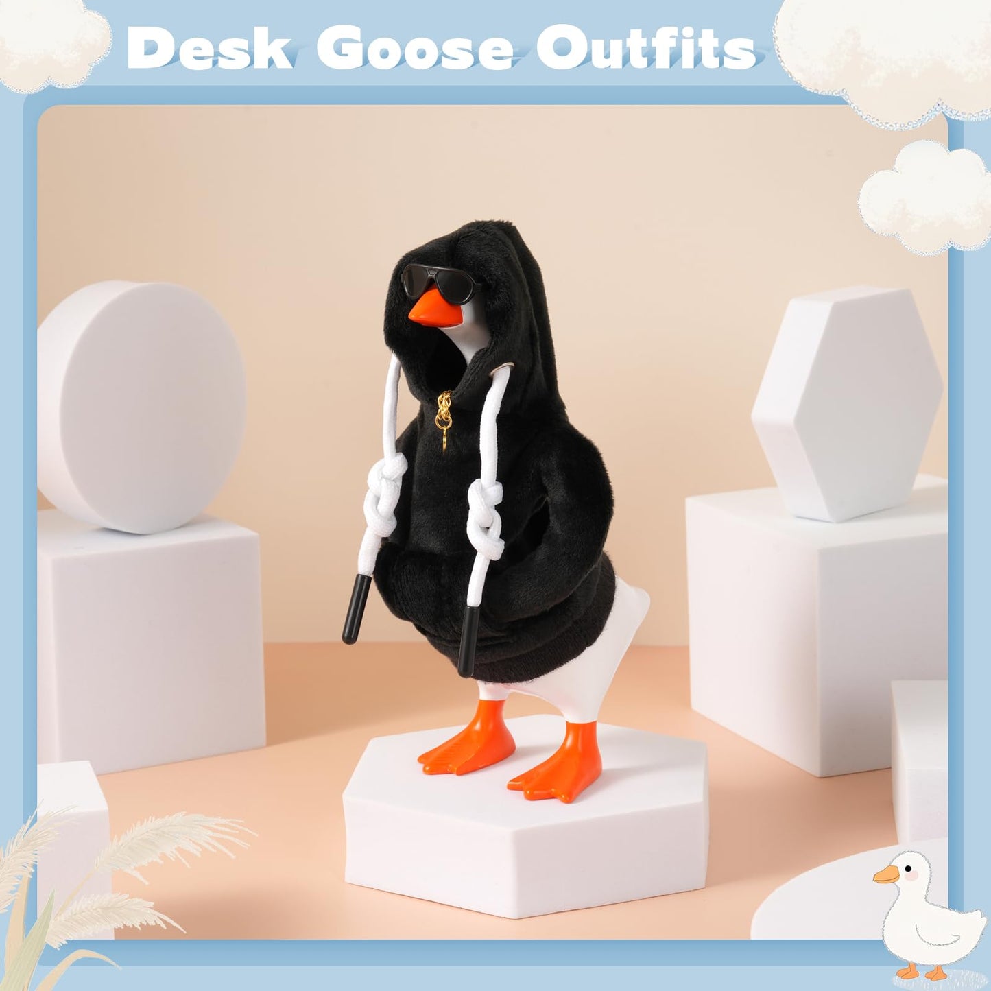 Linastu 6‑Piece 7‑Inch Desk Goose Outfit — Black Hoodie, Sunglasses & Necklace