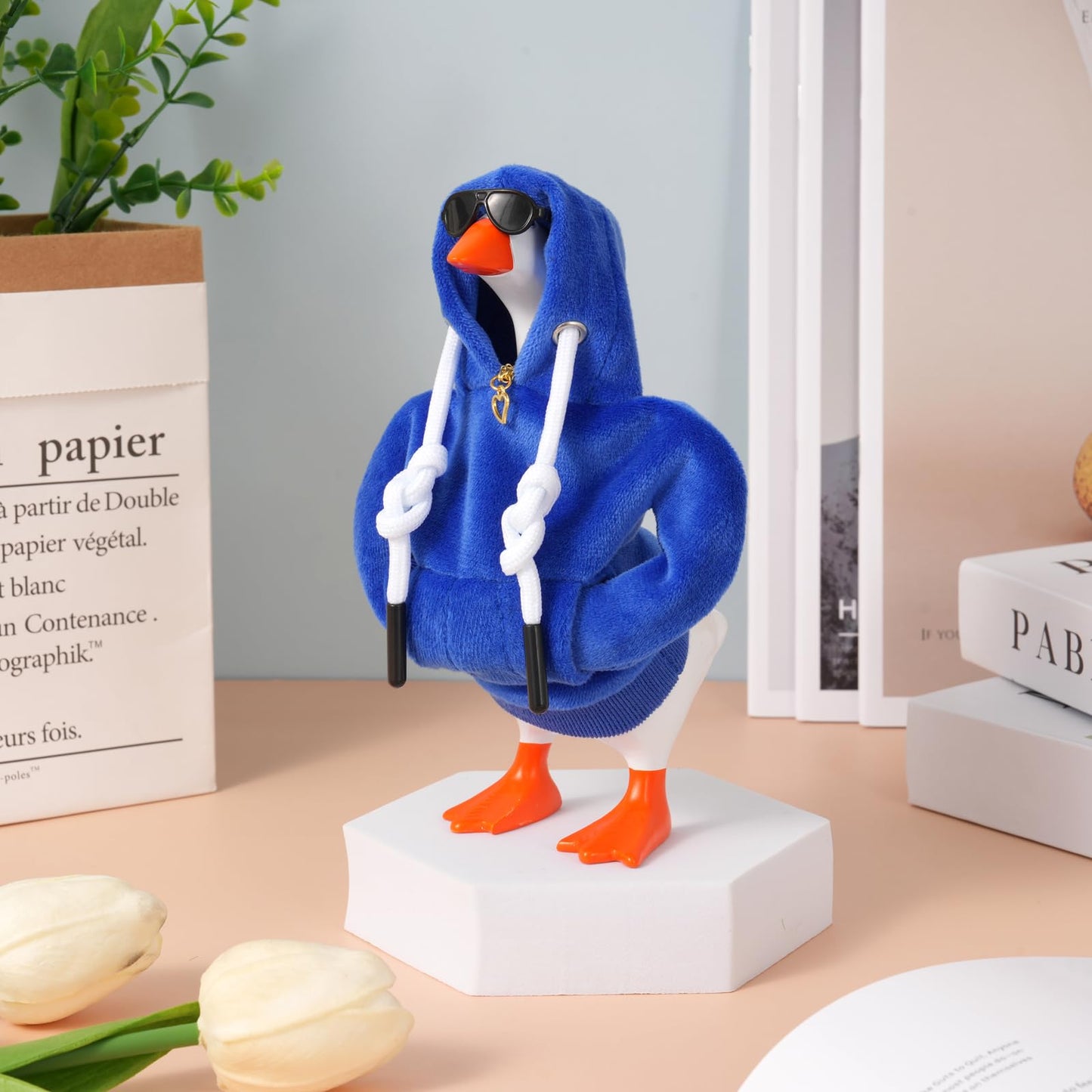 Linastu 6‑Set 7-Inch Desk Goose Outfit – Dark Blue Hoodie, Sunglasses & Necklace for Mini Desk Goose