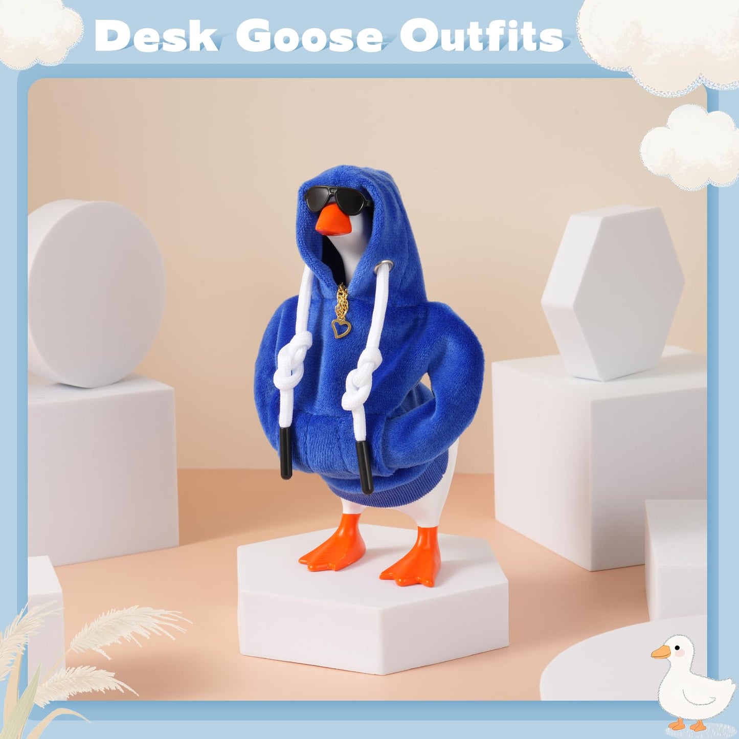 Linastu 6‑Set 7-Inch Desk Goose Outfit – Dark Blue Hoodie, Sunglasses & Necklace for Mini Desk Goose