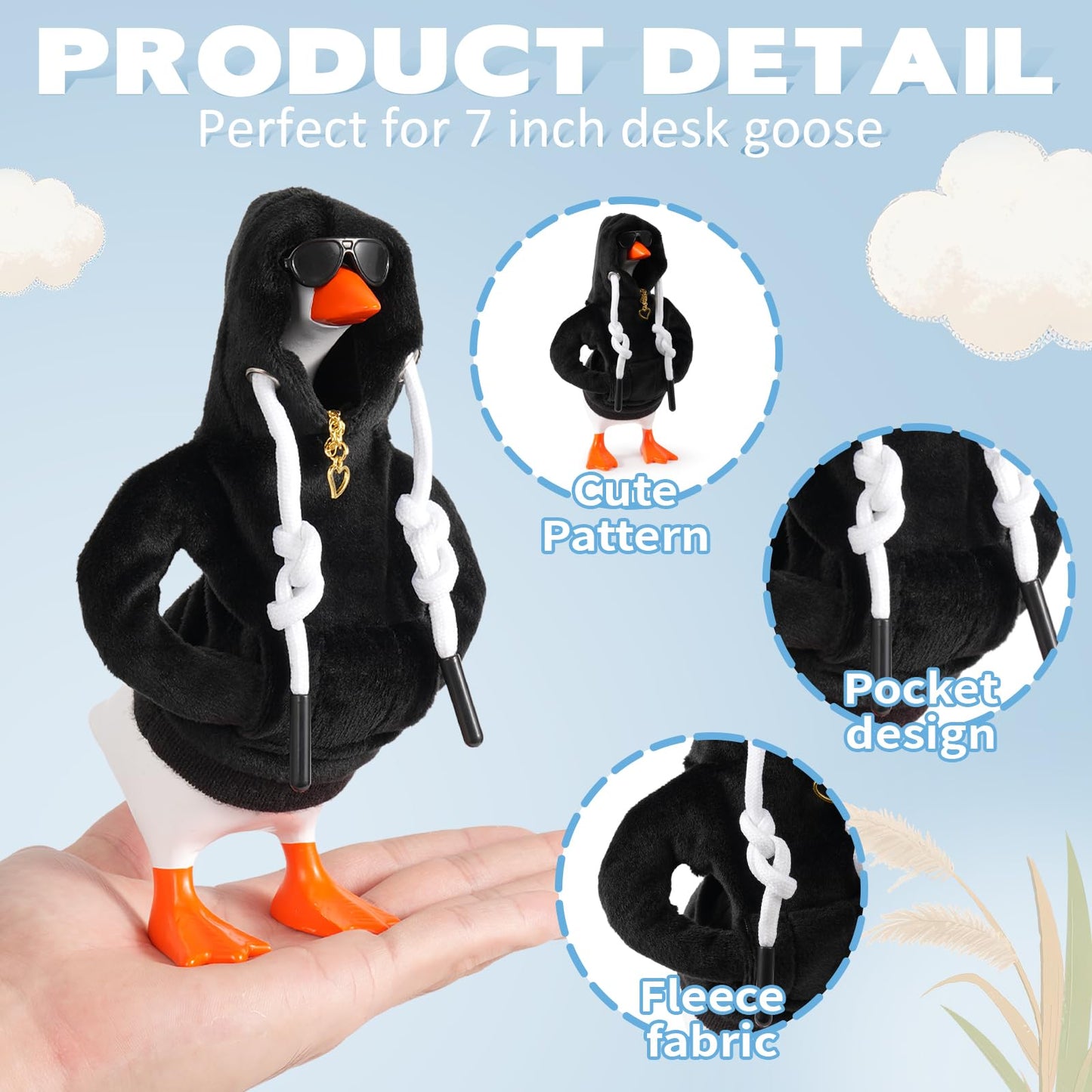 Linastu 6‑Piece 7‑Inch Desk Goose Outfit — Black Hoodie, Sunglasses & Necklace