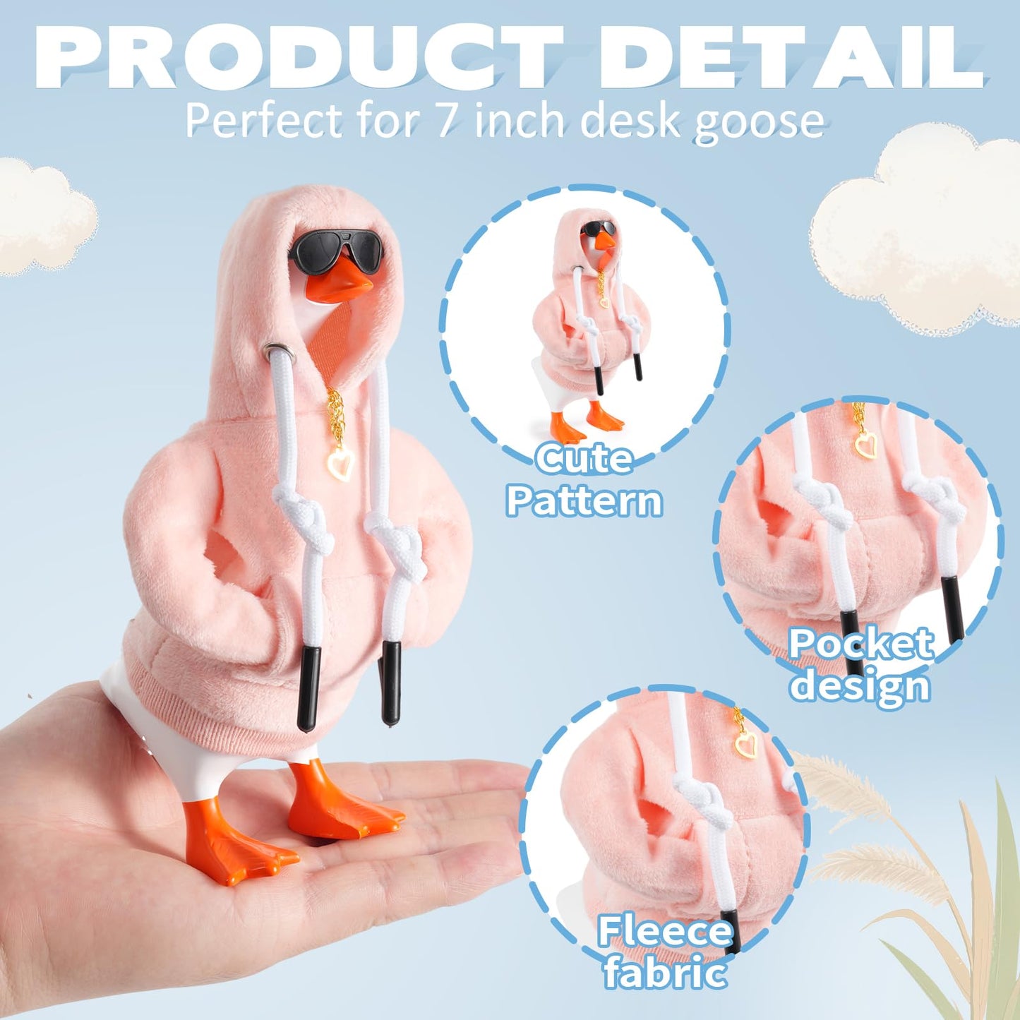 linastu 7-Inch Desk Goose Outfit Set – Pink Hoodie, Sunglasses & Necklace for Magnetic Goose Statue