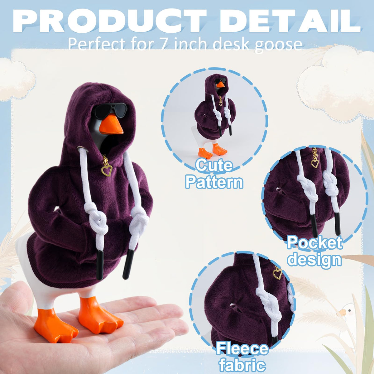 Linastu 6‑Piece Desk Goose Outfit Set for 7-Inch Goose — Purple Hoodie, Sunglasses & Necklace