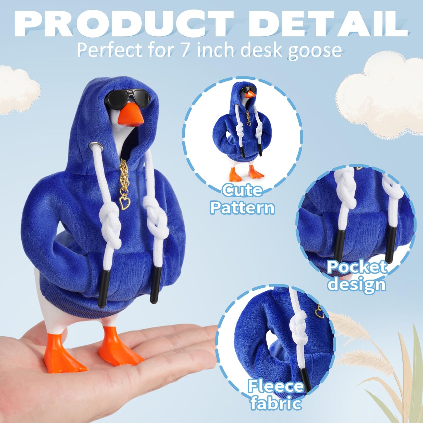 Linastu 6‑Set 7-Inch Desk Goose Outfit – Dark Blue Hoodie, Sunglasses & Necklace for Mini Desk Goose