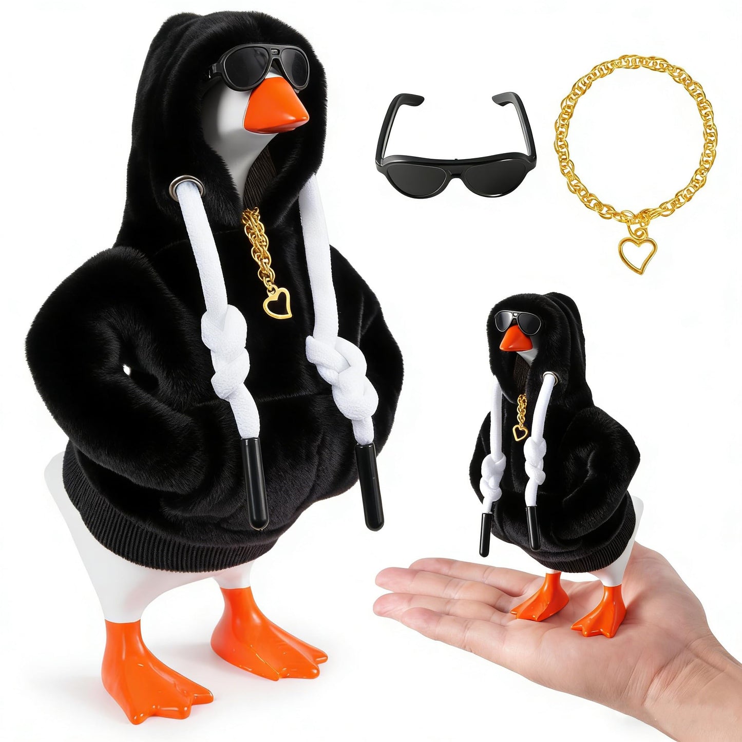 Linastu 6‑Piece 7‑Inch Desk Goose Outfit — Black Hoodie, Sunglasses & Necklace