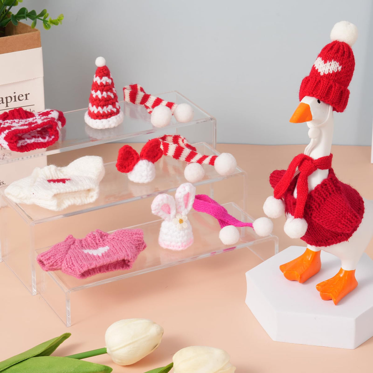 linastu 4 Set 7inch Desk Goose Outfits — Valentine Red Hat, Scarf & Knit Outfit Set for Magnetic Desk Goose Statue