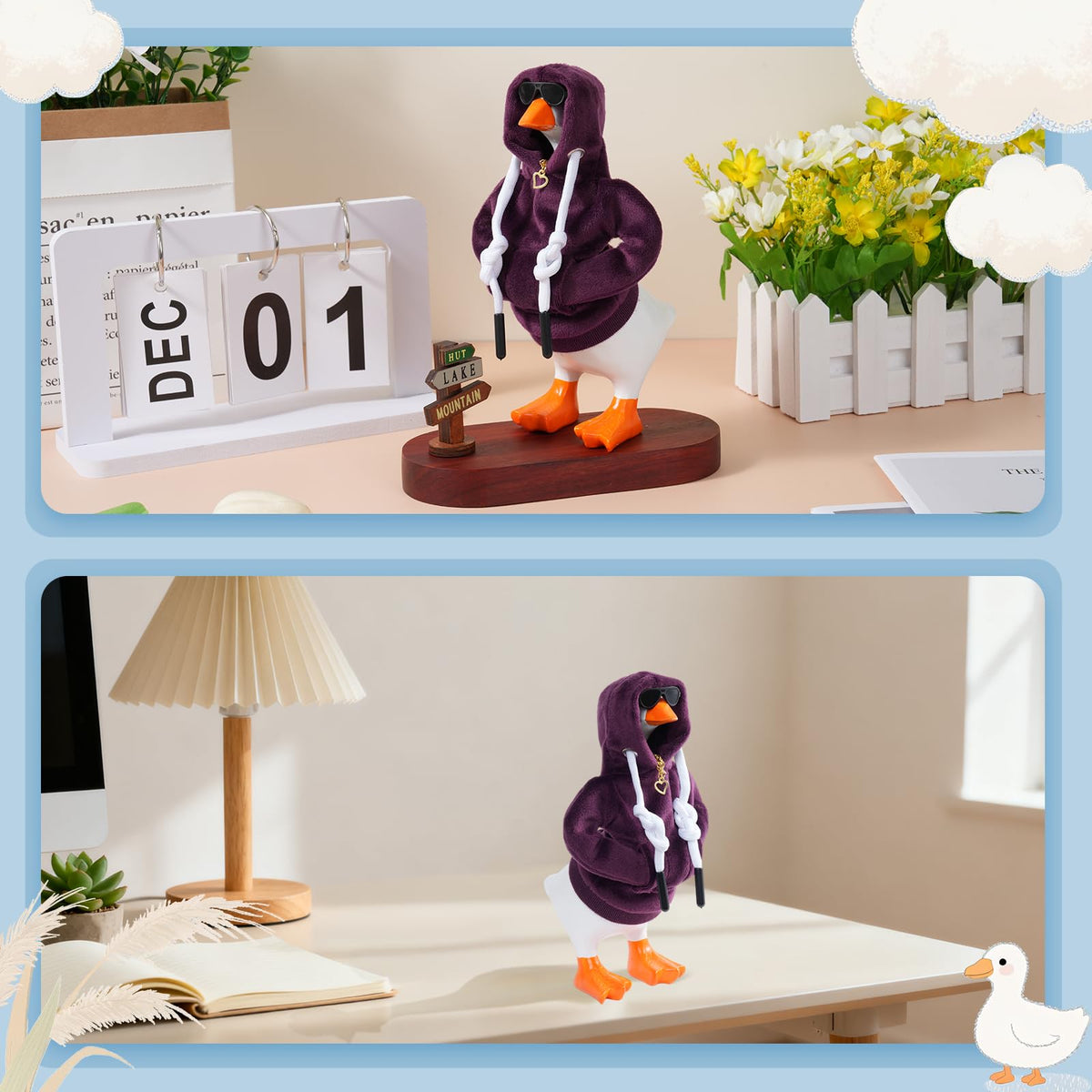 Linastu 6‑Piece Desk Goose Outfit Set for 7-Inch Goose — Purple Hoodie, Sunglasses & Necklace