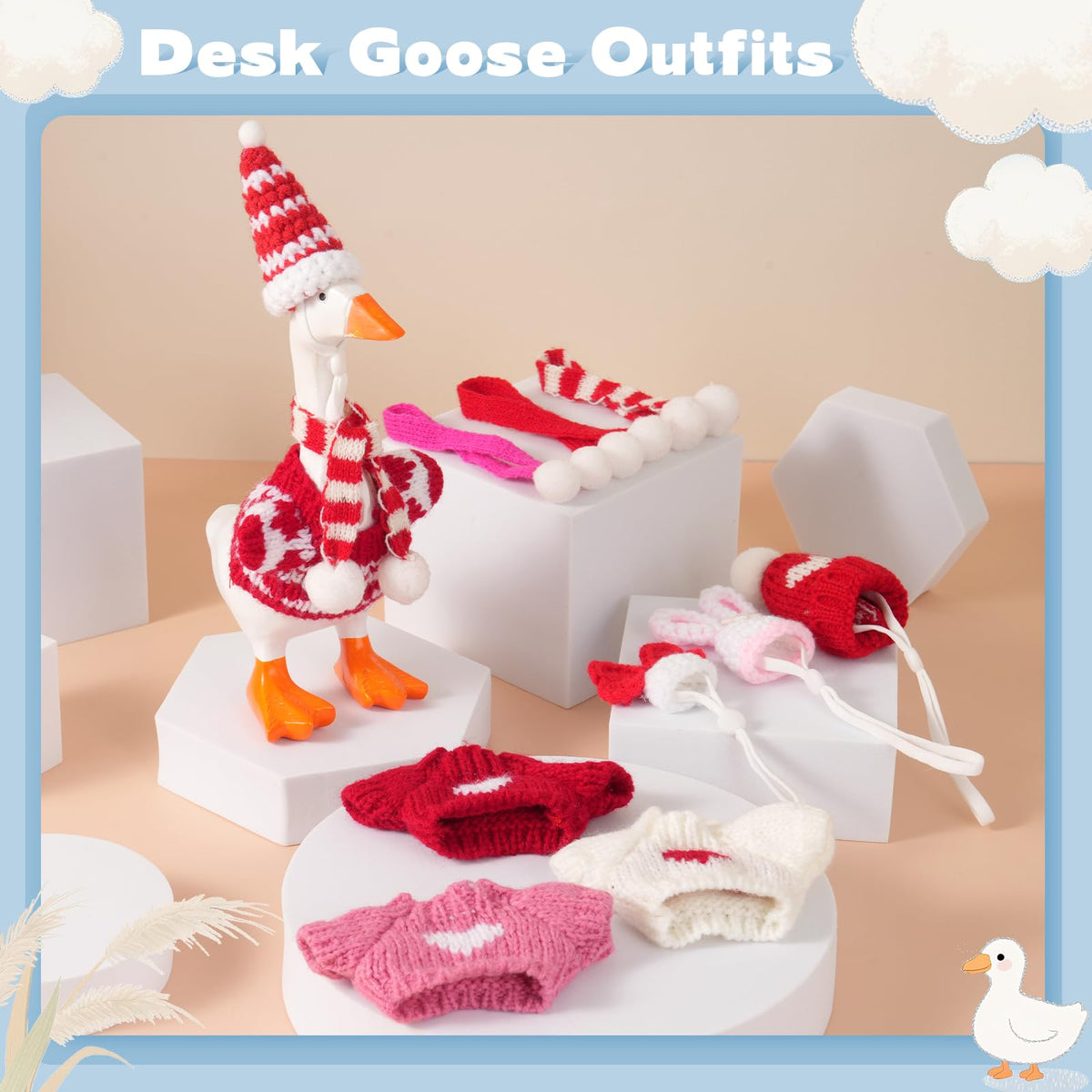 linastu 4 Set 7inch Desk Goose Outfits — Valentine Red Hat, Scarf & Knit Outfit Set for Magnetic Desk Goose Statue