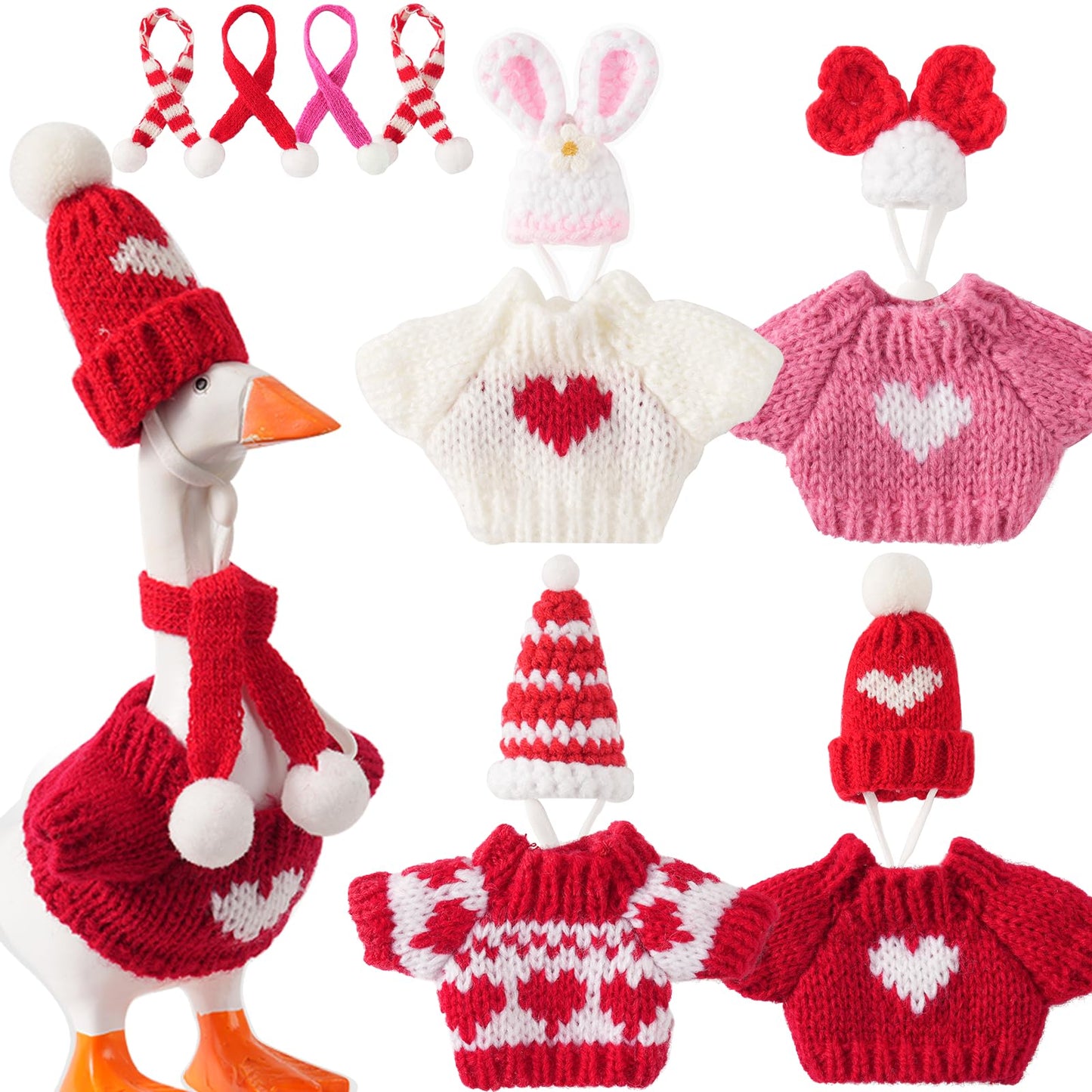 linastu 4 Set 7inch Desk Goose Outfits — Valentine Red Hat, Scarf & Knit Outfit Set for Magnetic Desk Goose Statue