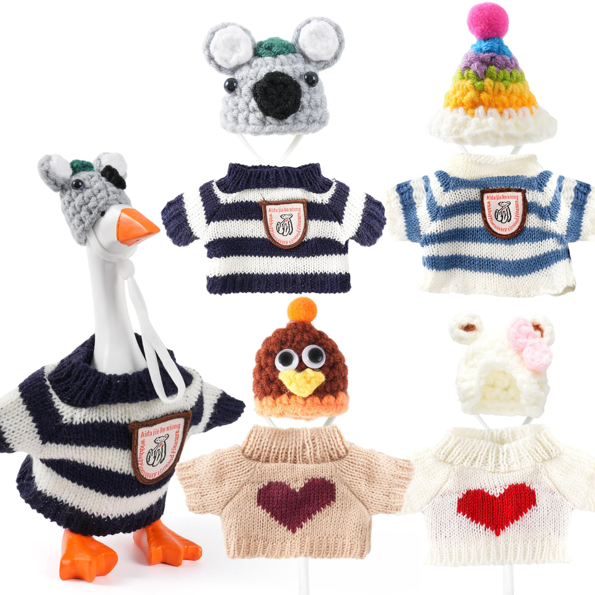 Linastu 4-Set 7-Inch Desk Goose Outfits - White Knit Hats & Sweaters for 7-Inch Desk Goose