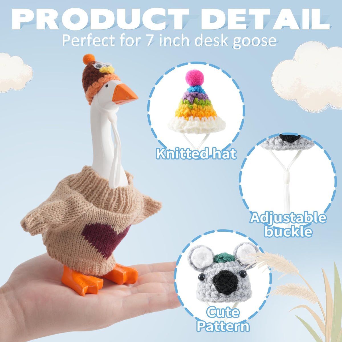 Linastu 4-Set 7-Inch Desk Goose Outfits - White Knit Hats & Sweaters for 7-Inch Desk Goose
