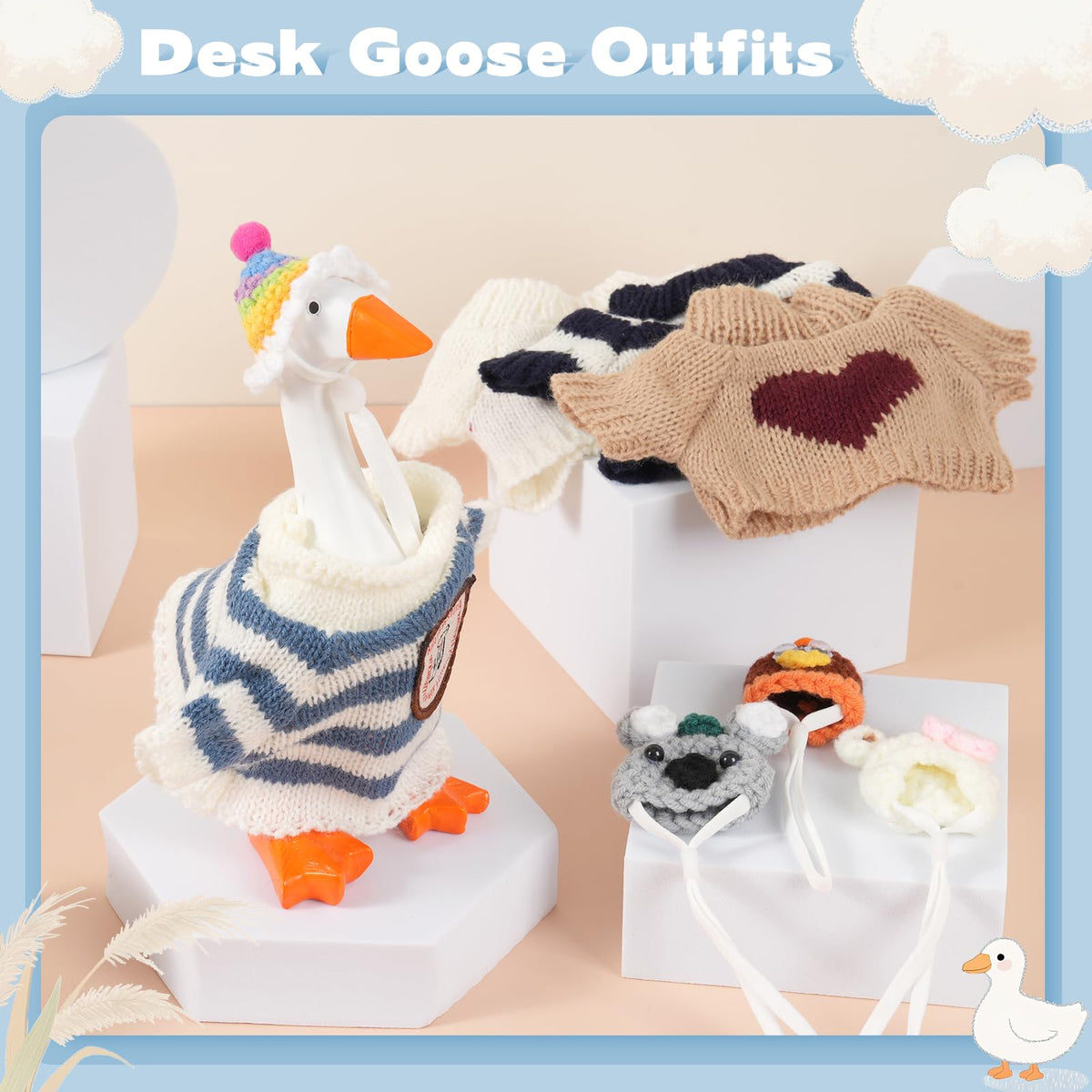Linastu 4-Set 7-Inch Desk Goose Outfits - White Knit Hats & Sweaters for 7-Inch Desk Goose