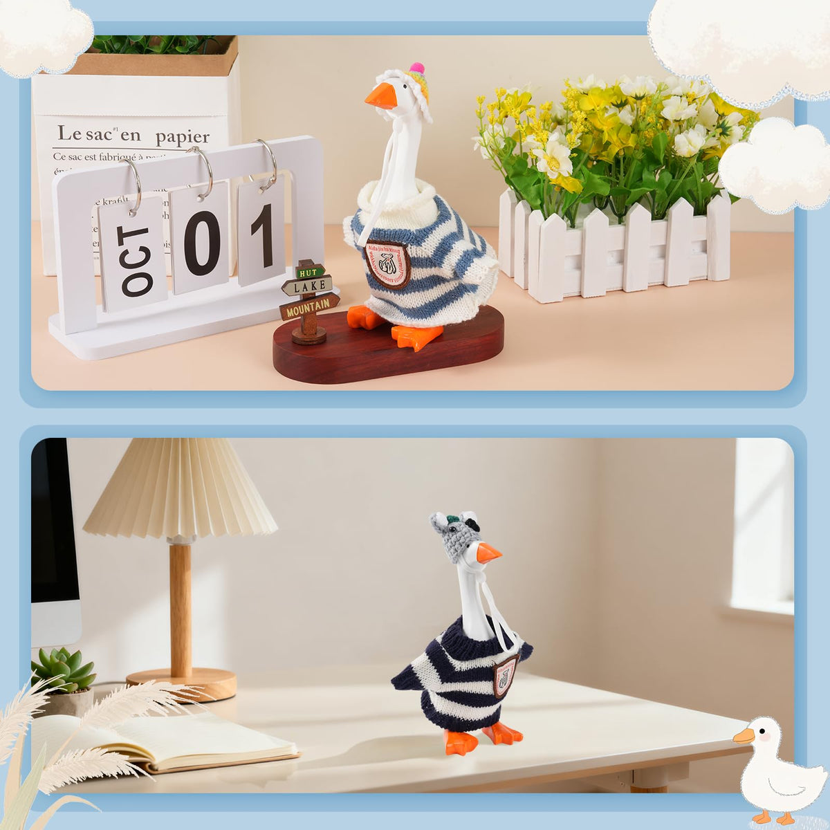 Linastu 4-Set 7-Inch Desk Goose Outfits - White Knit Hats & Sweaters for 7-Inch Desk Goose