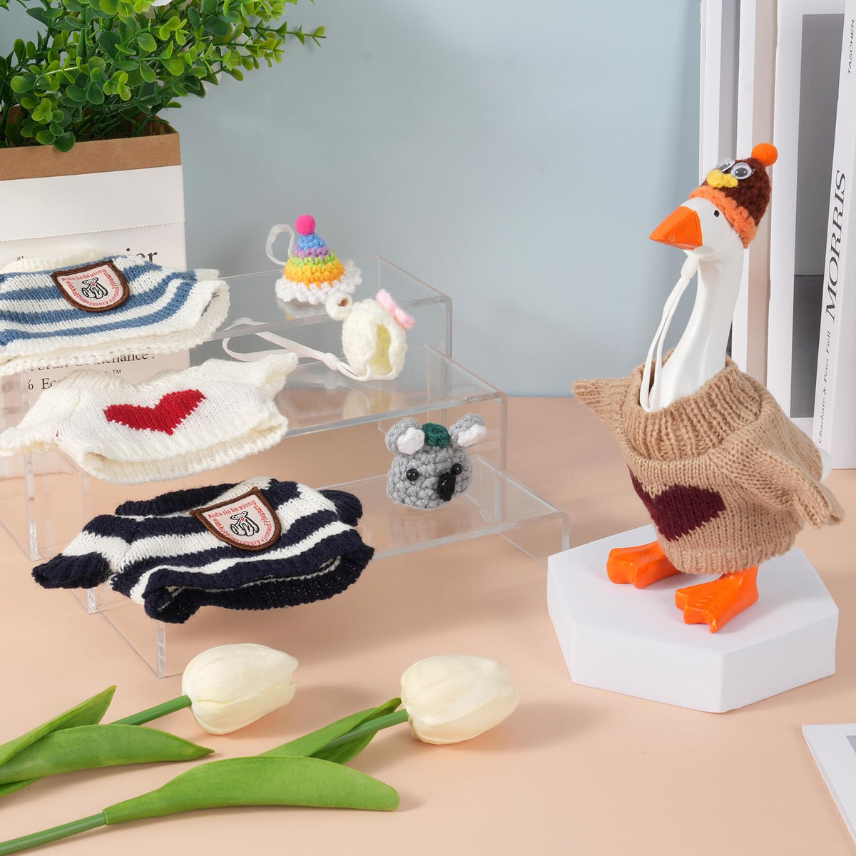 Linastu 4-Set 7-Inch Desk Goose Outfits - White Knit Hats & Sweaters for 7-Inch Desk Goose