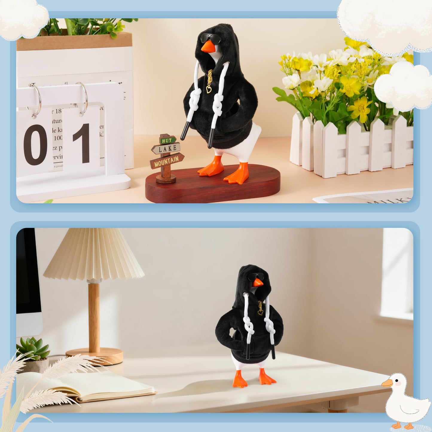 Linastu 6‑Piece 7‑Inch Desk Goose Outfit — Black Hoodie, Sunglasses & Necklace