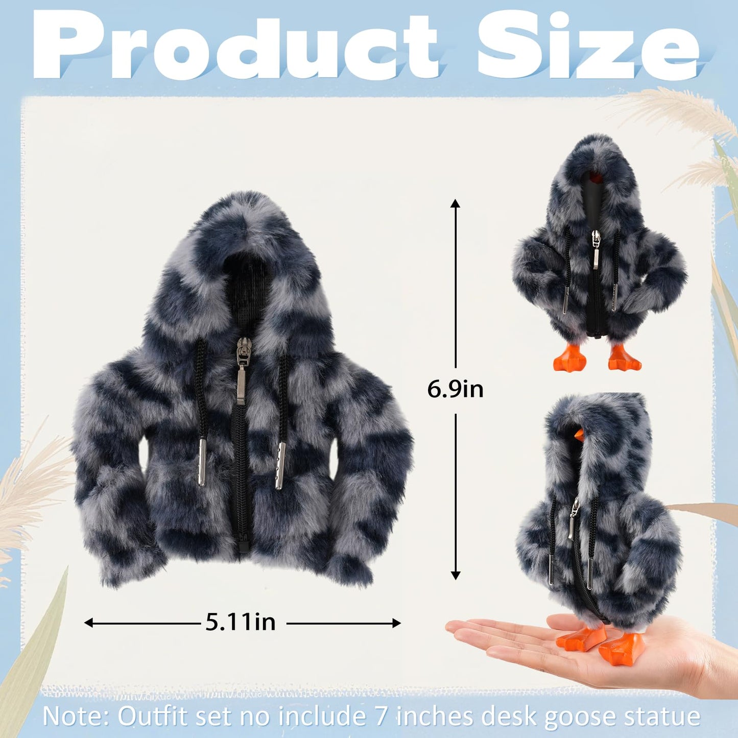 linastu 7-inch Desk Goose Hoodie: Grey Leopard Plush Outfit