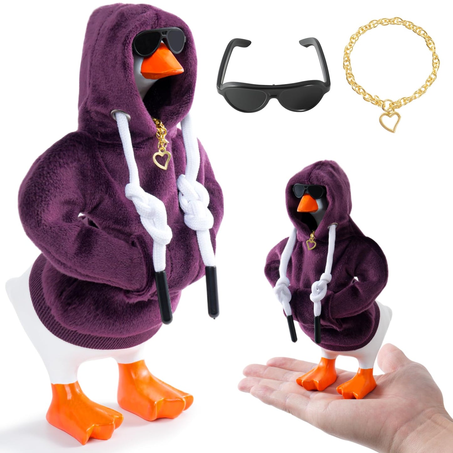 Linastu 6‑Piece Desk Goose Outfit Set for 7-Inch Goose — Purple Hoodie, Sunglasses & Necklace
