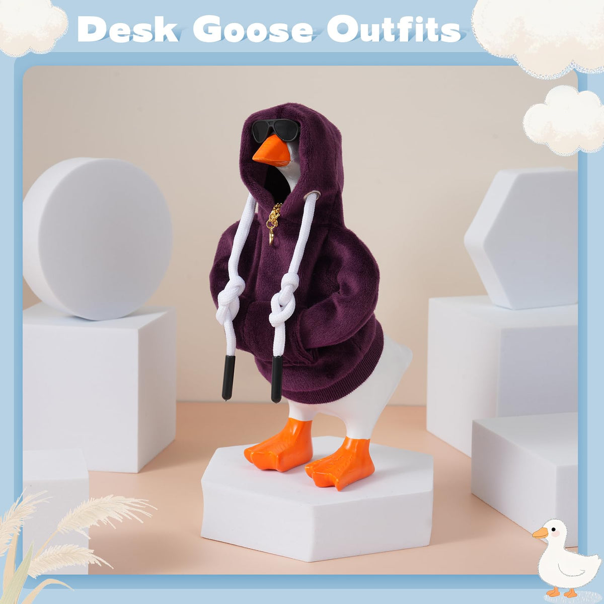 Linastu 6‑Piece Desk Goose Outfit Set for 7-Inch Goose — Purple Hoodie, Sunglasses & Necklace