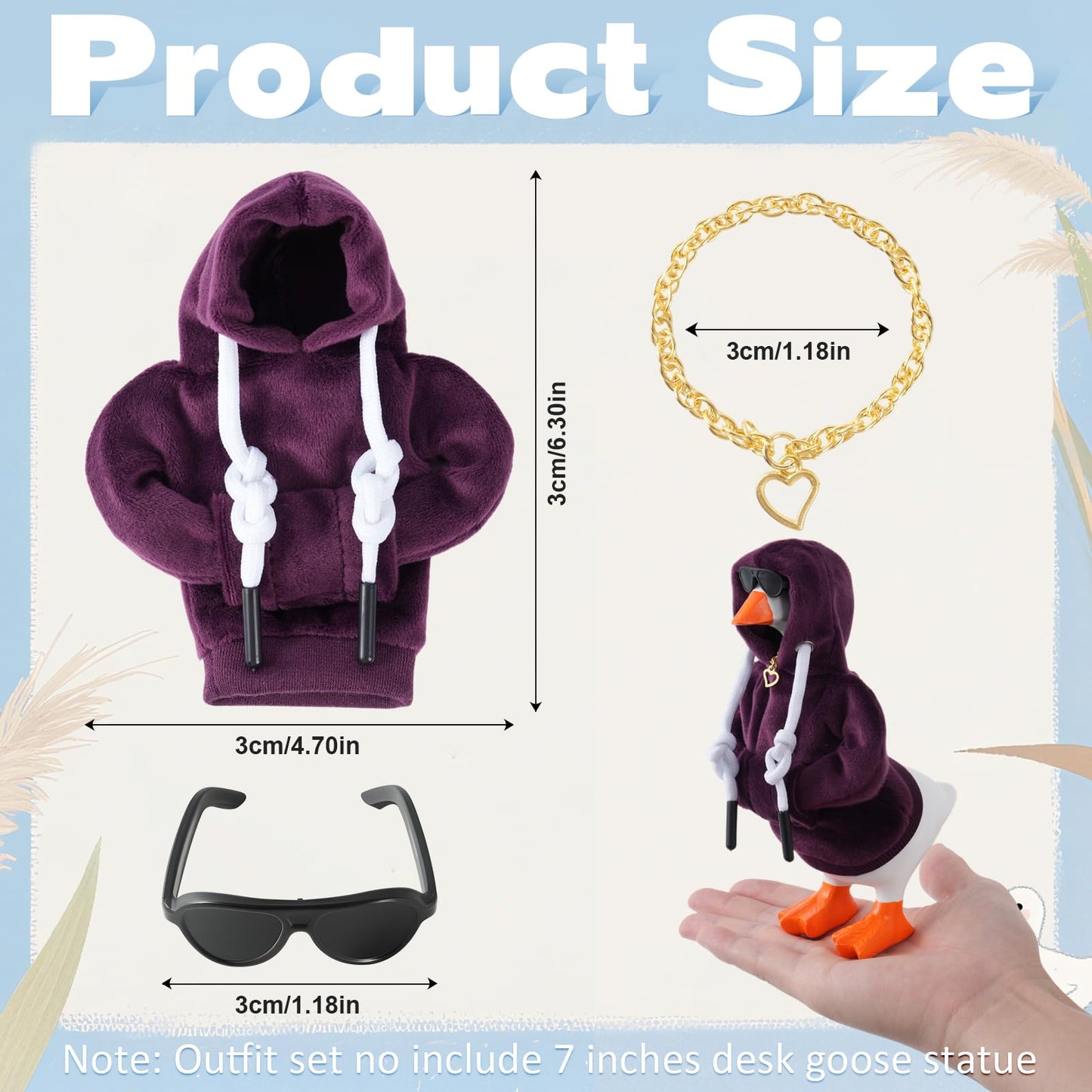 Linastu 6‑Piece Desk Goose Outfit Set for 7-Inch Goose — Purple Hoodie, Sunglasses & Necklace