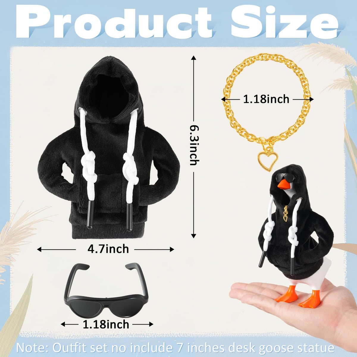 Linastu 6‑Piece 7‑Inch Desk Goose Outfit — Black Hoodie, Sunglasses & Necklace