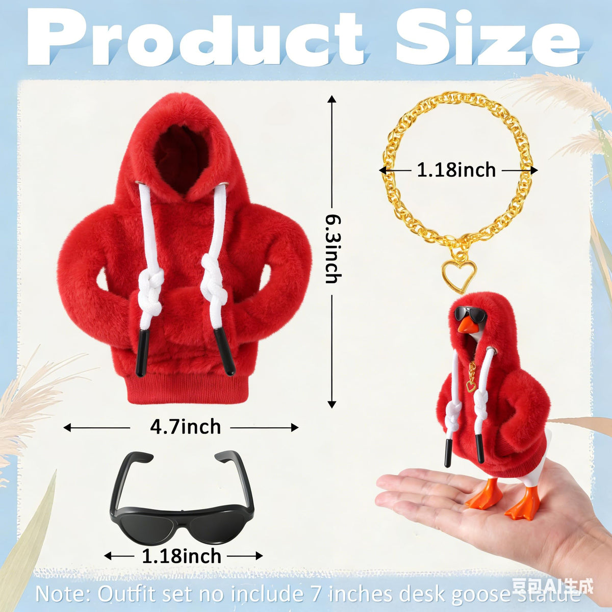 Linastu 6-Piece 7-Inch Desk Goose Outfit Set: Red Hoodie, Sunglasses & Necklace