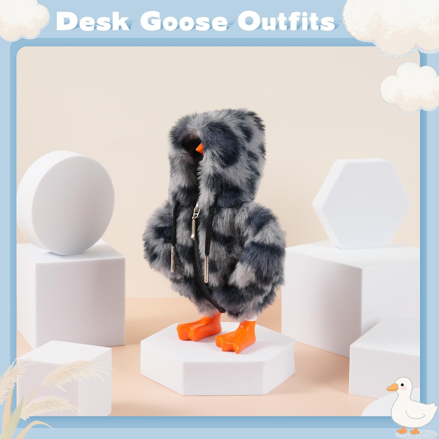 linastu 7-inch Desk Goose Hoodie: Grey Leopard Plush Outfit