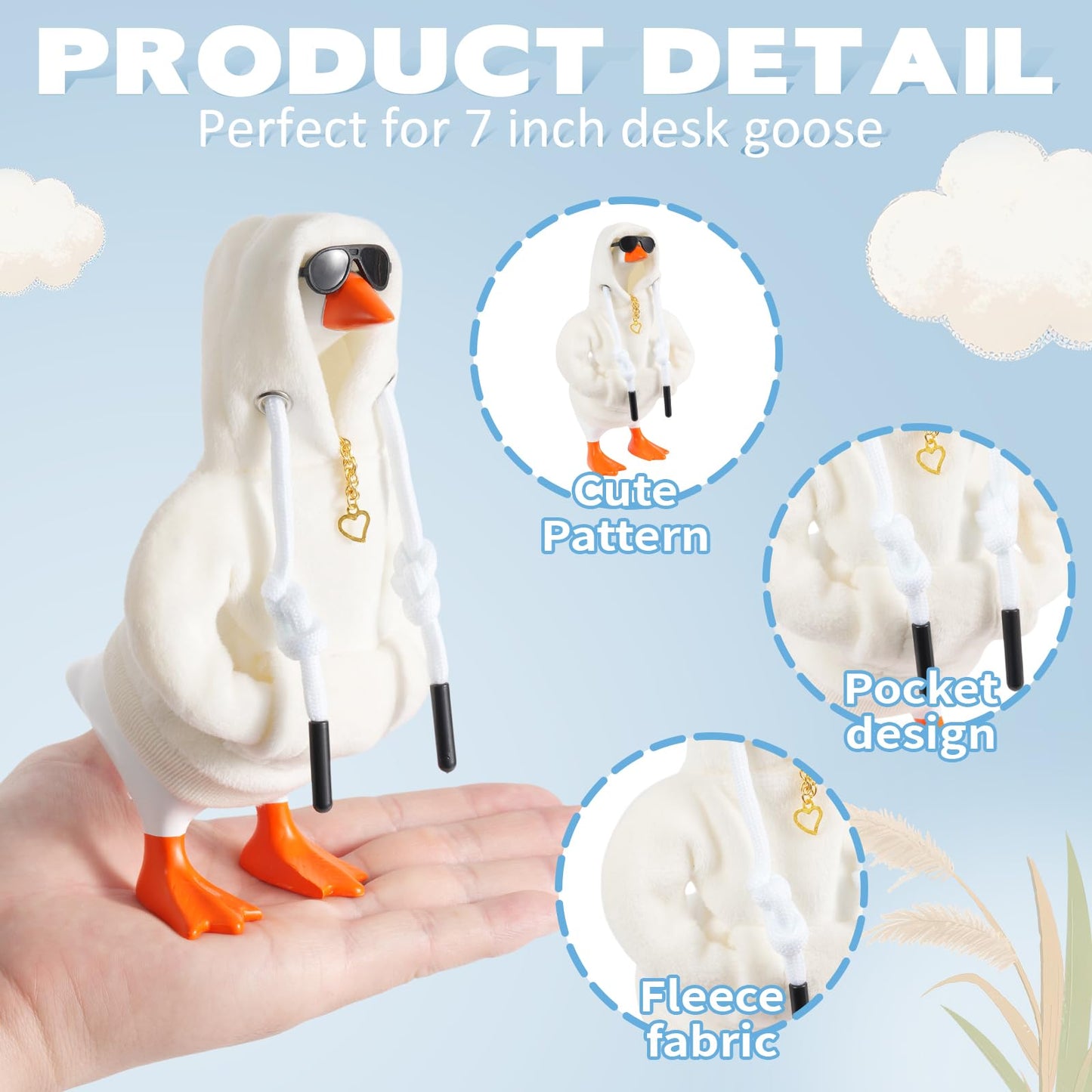 linastu 6-Piece 7-Inch Desk Goose Outfit Set - White Hoodie, Sunglasses & Necklace for Magnetic Goose Statue