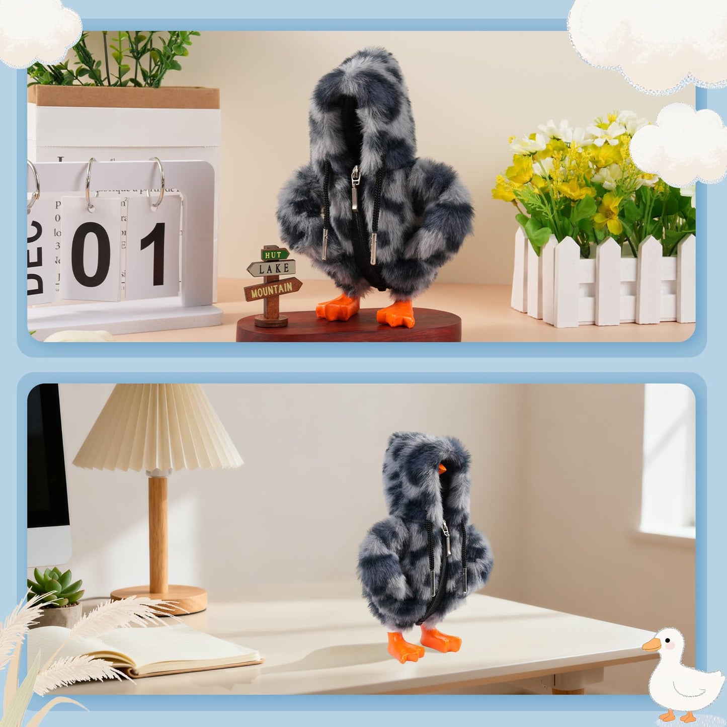 linastu 7-inch Desk Goose Hoodie: Grey Leopard Plush Outfit