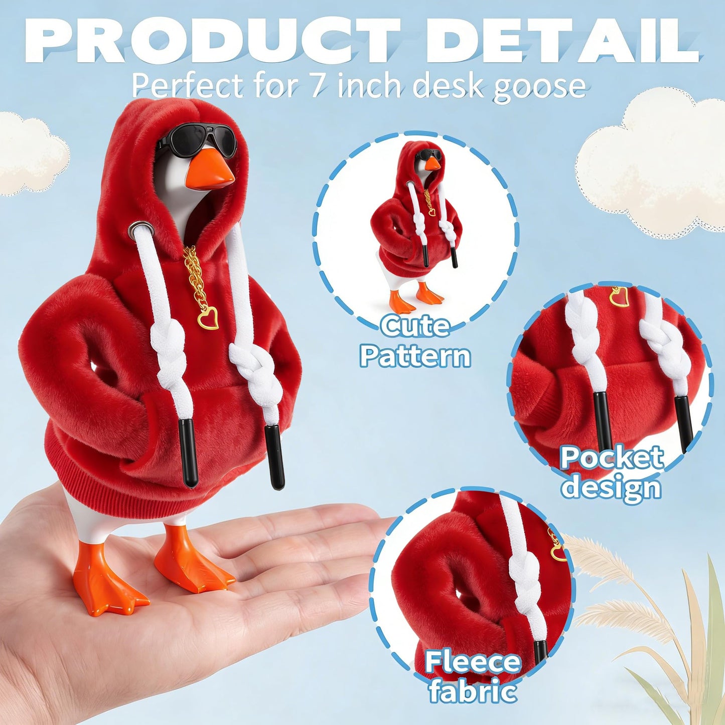Linastu 6-Piece 7-Inch Desk Goose Outfit Set: Red Hoodie, Sunglasses & Necklace