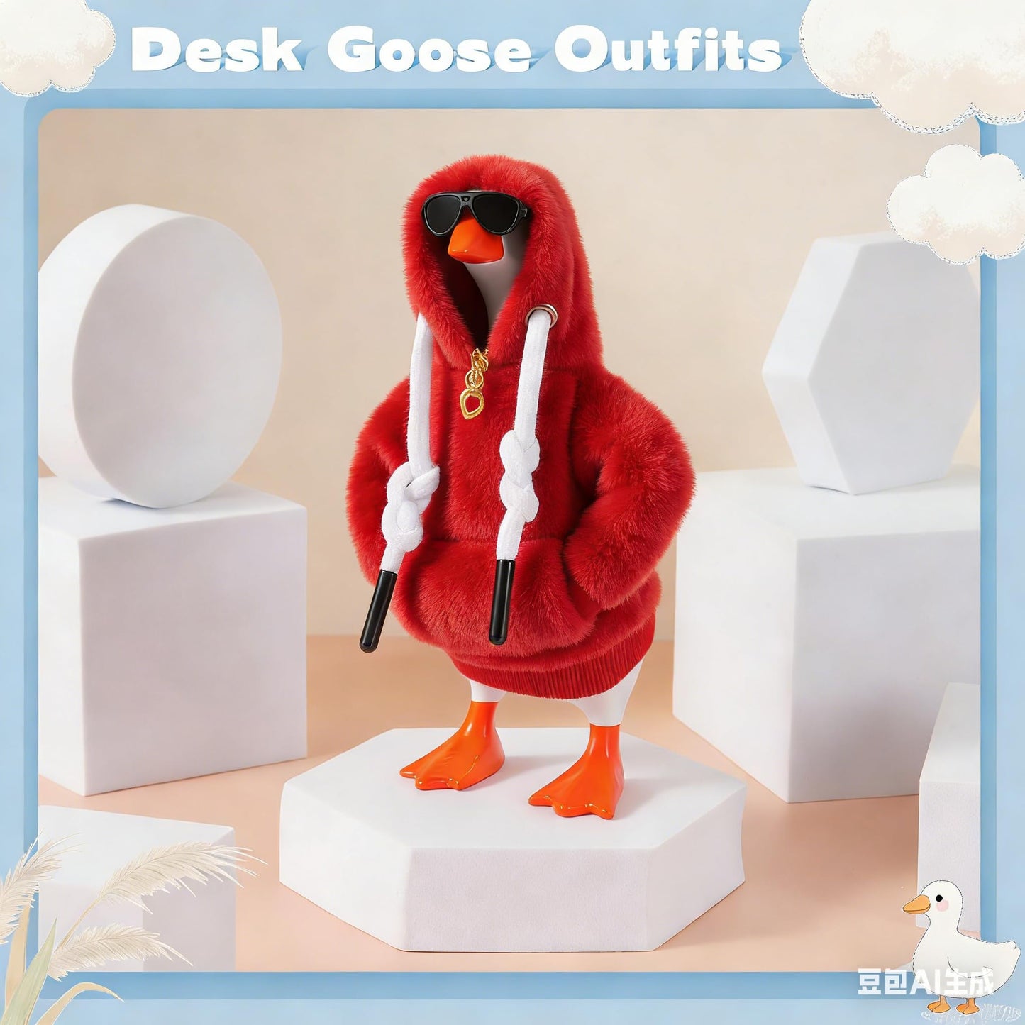 Linastu 6-Piece 7-Inch Desk Goose Outfit Set: Red Hoodie, Sunglasses & Necklace