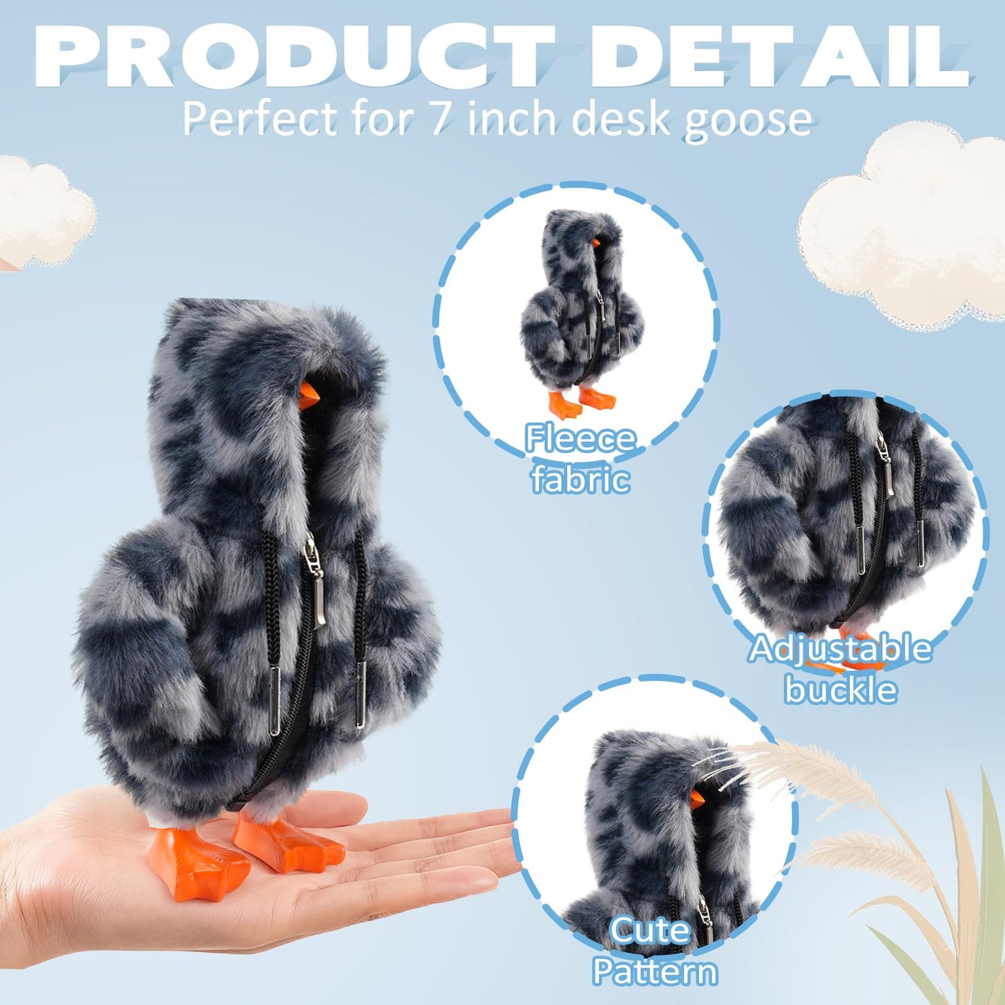 linastu 7-inch Desk Goose Hoodie: Grey Leopard Plush Outfit