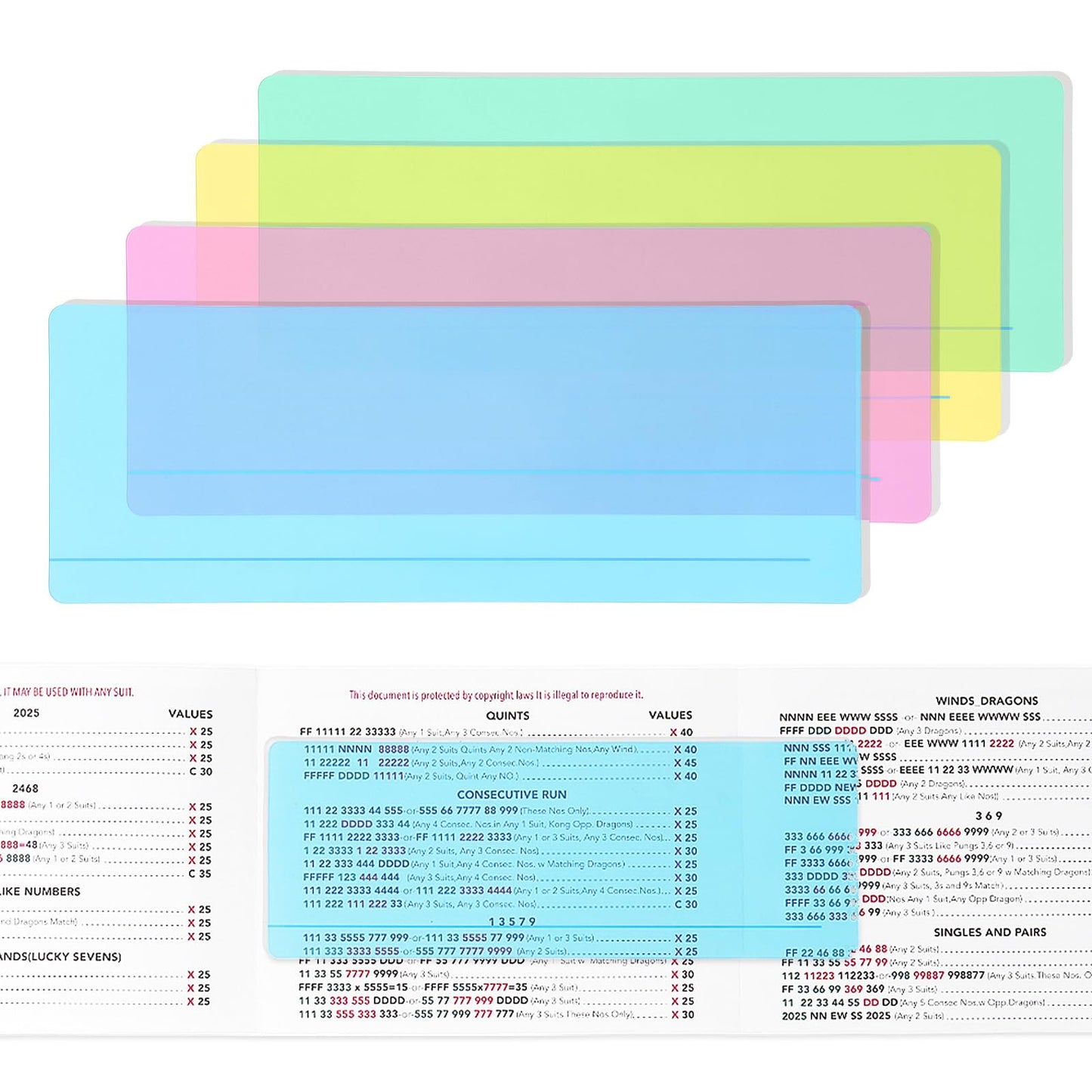Linastu 4Pack Mahjong Line Finder – Line Reader Guide for Mah Jongg (Blue/Yellow/Green/Pink)