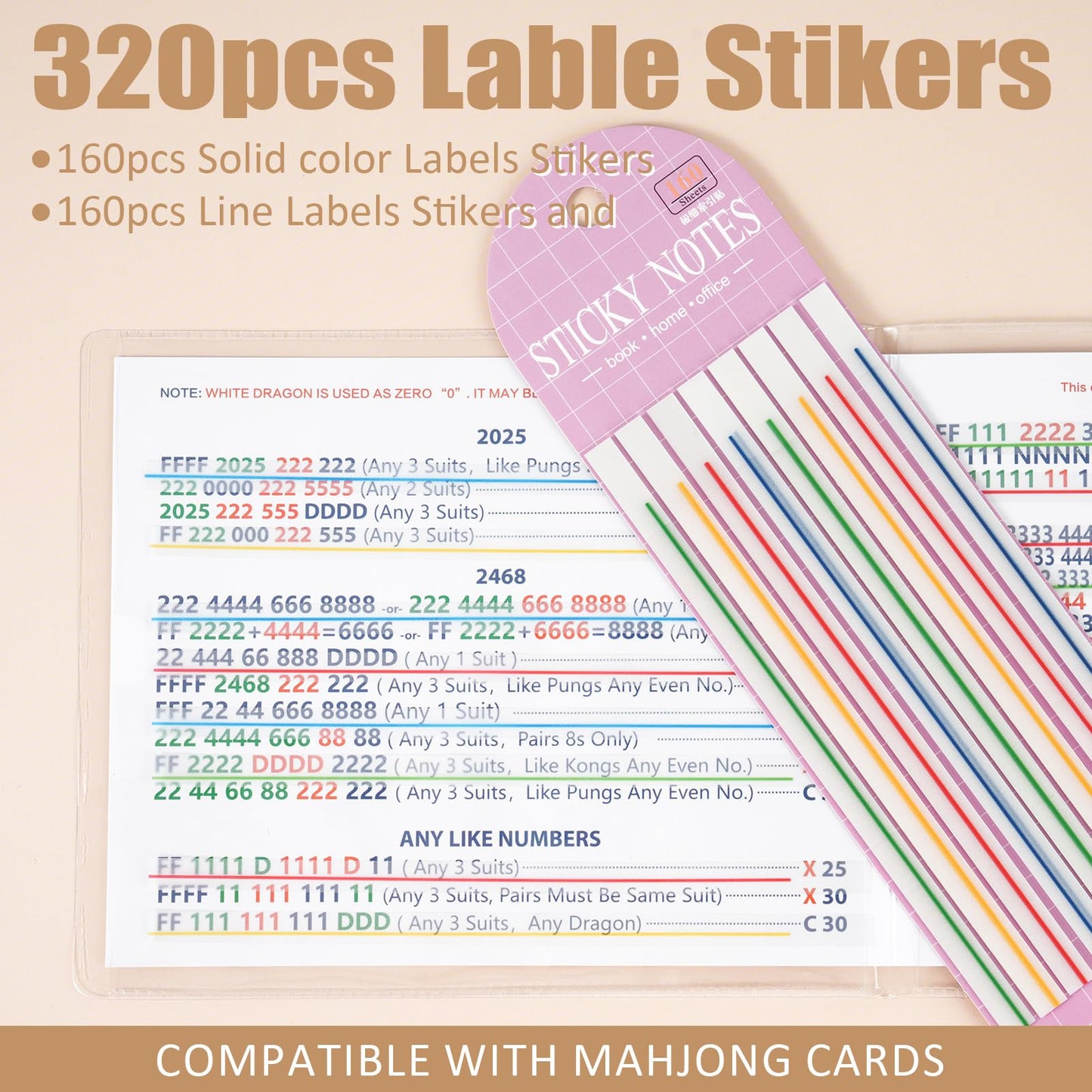 Linastu 320-Pack Mahjong Line Highlighter Tape — Reusable, No-Residue Card Markers
