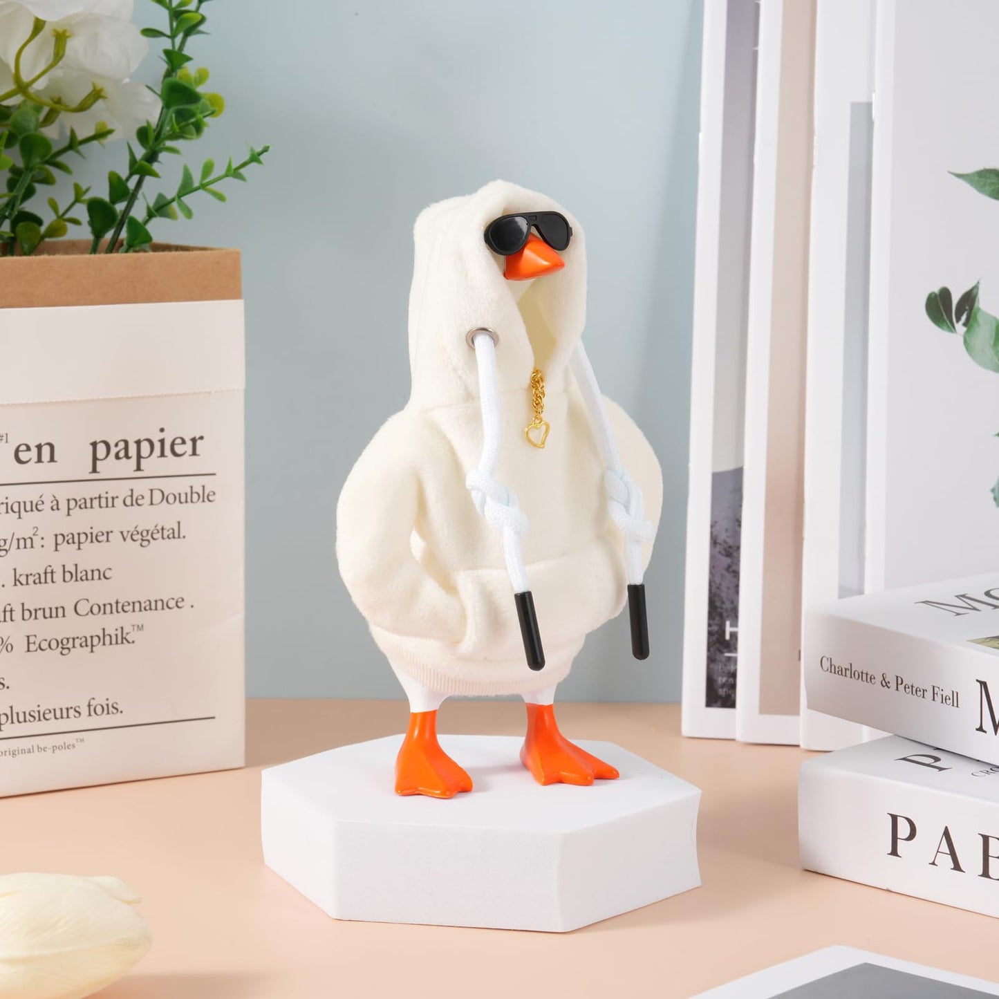 linastu 6-Piece 7-Inch Desk Goose Outfit Set - White Hoodie, Sunglasses & Necklace for Magnetic Goose Statue