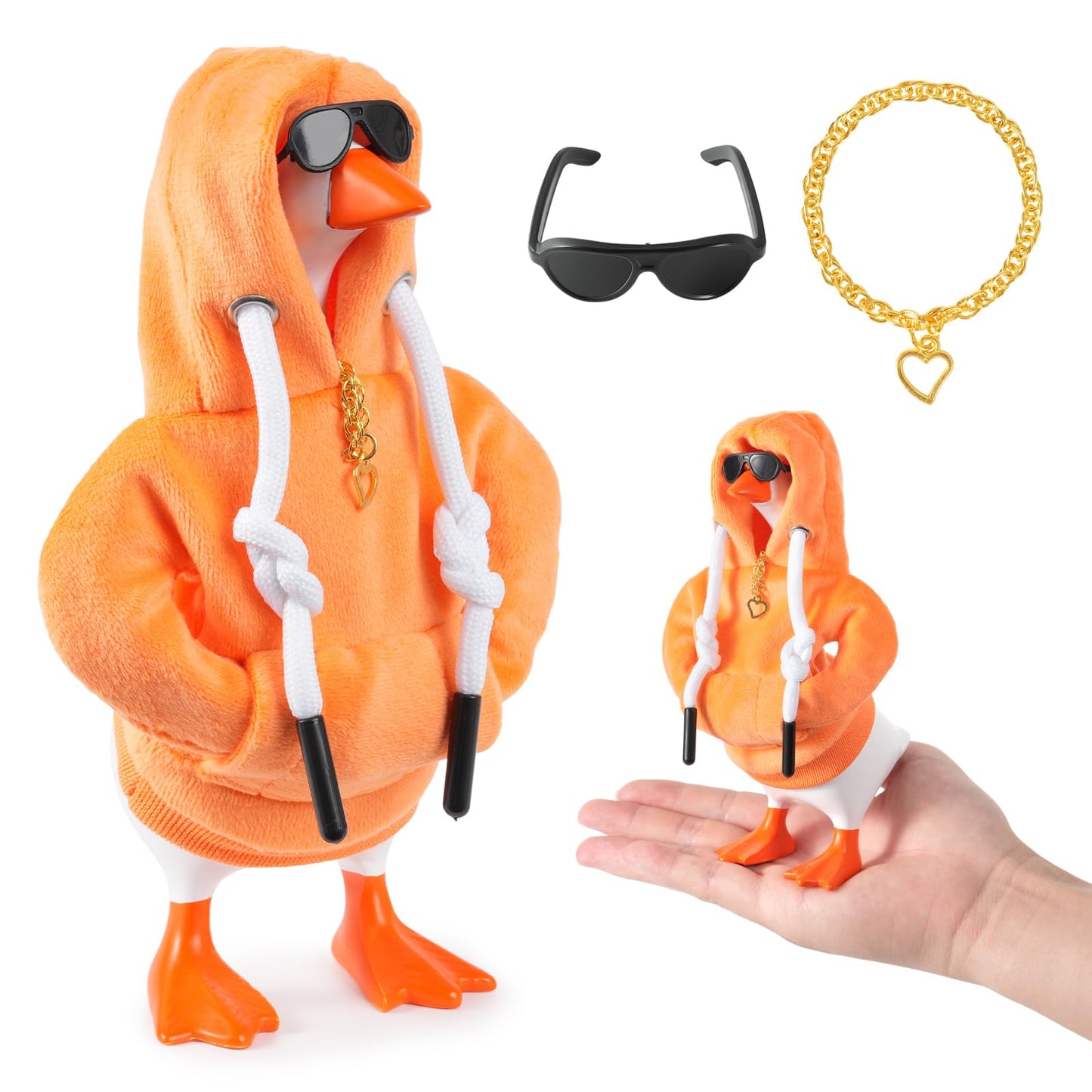 Linastu 7-Inch Desk Goose Outfit: Orange Hoodie, Sunglasses & Gold Necklace