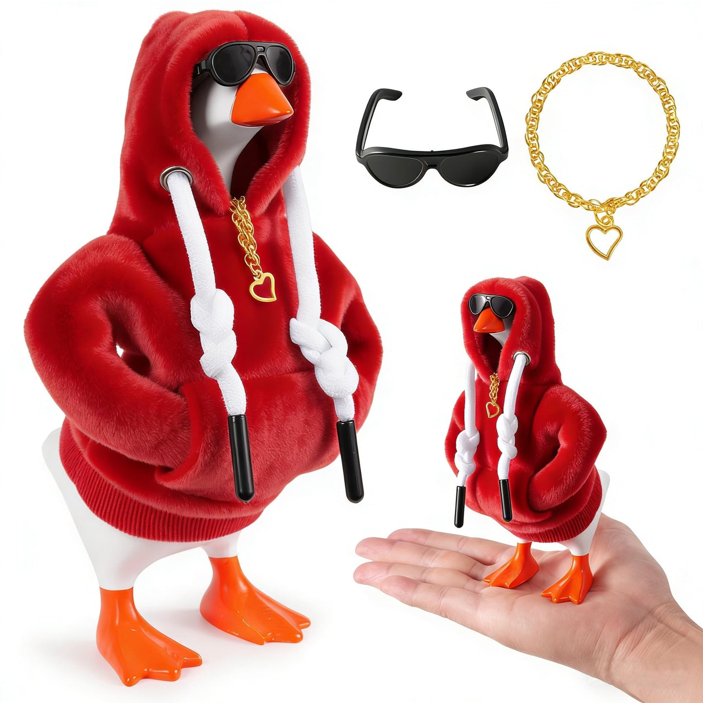 Linastu 6-Piece 7-Inch Desk Goose Outfit Set: Red Hoodie, Sunglasses & Necklace