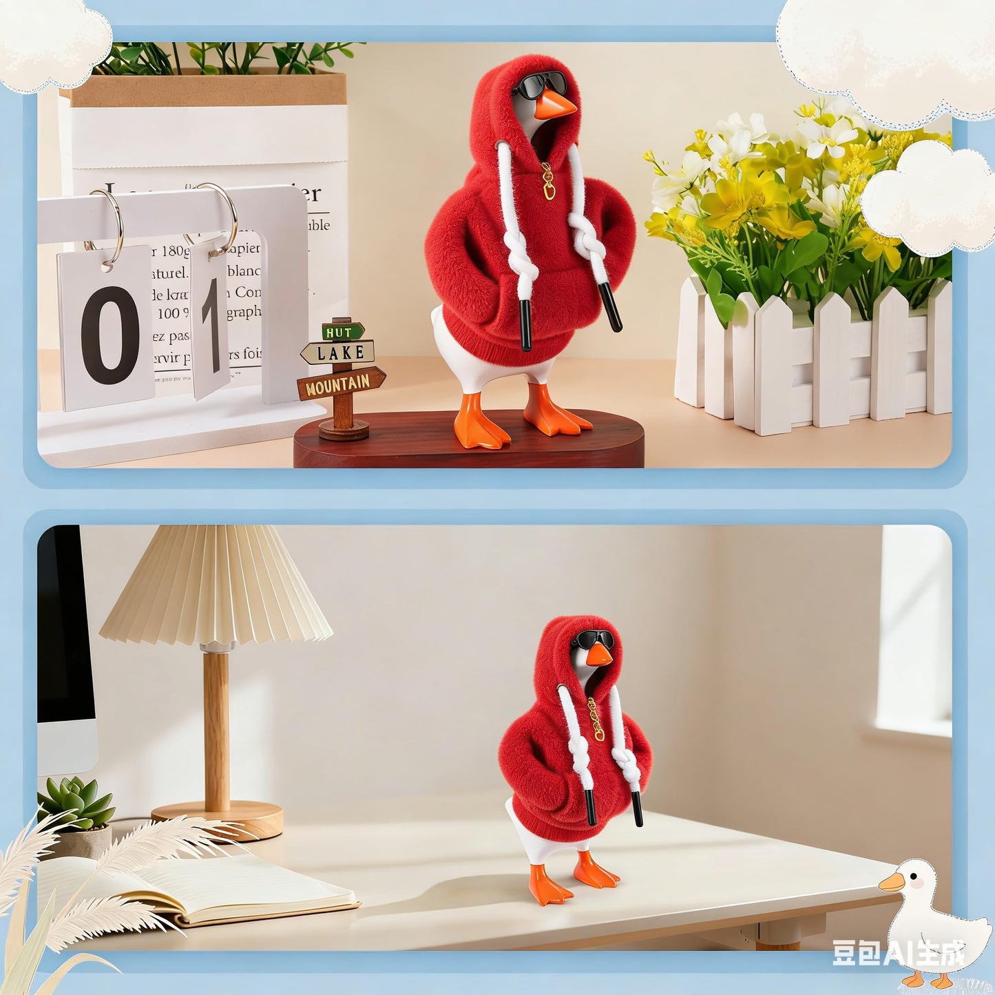 Linastu 6-Piece 7-Inch Desk Goose Outfit Set: Red Hoodie, Sunglasses & Necklace