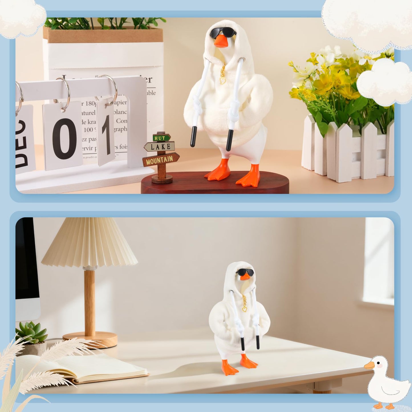 linastu 6-Piece 7-Inch Desk Goose Outfit Set - White Hoodie, Sunglasses & Necklace for Magnetic Goose Statue