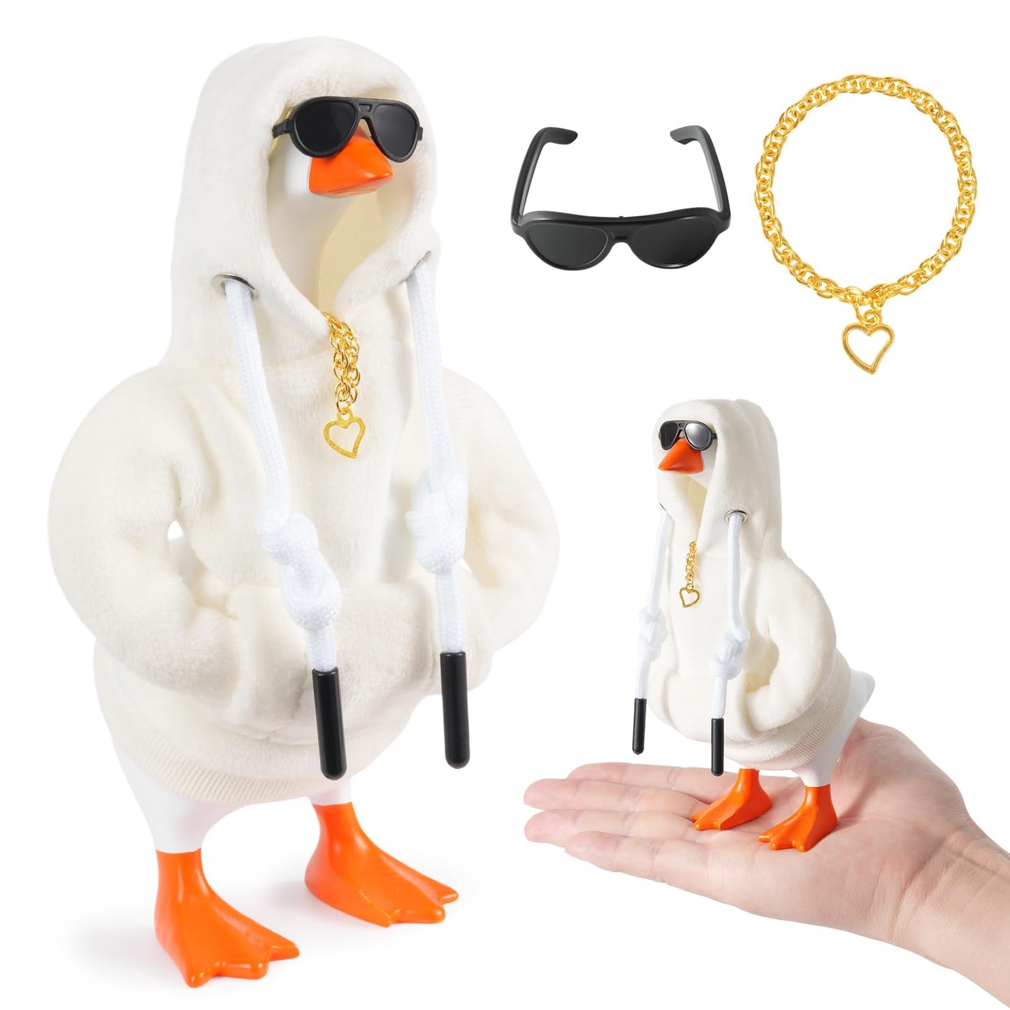linastu 6-Piece 7-Inch Desk Goose Outfit Set - White Hoodie, Sunglasses & Necklace for Magnetic Goose Statue