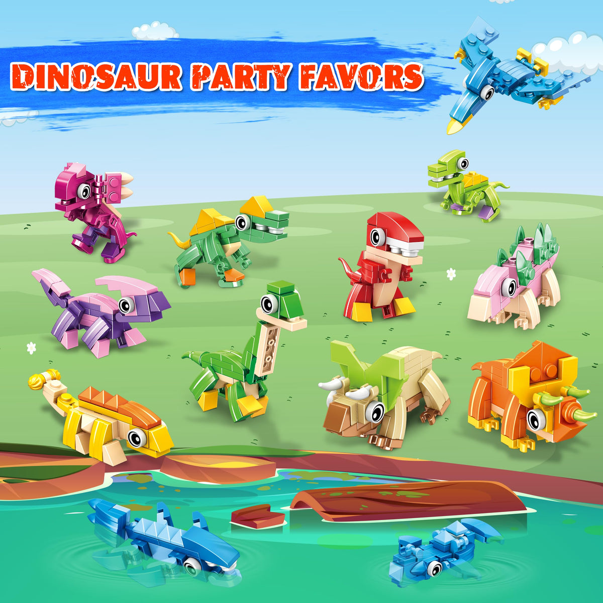 LINAYE 12 Packs Dinosaur Party Favors – 417 PCS Mini Building Blocks for Kids