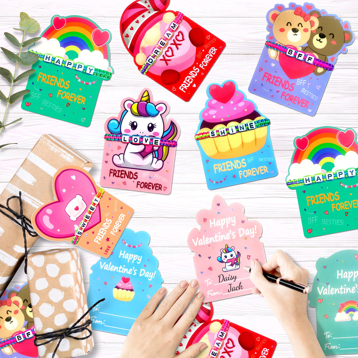 LINAYE 24-Pack Valentines Gift Cards + Friendship Bead Bracelets for Kids